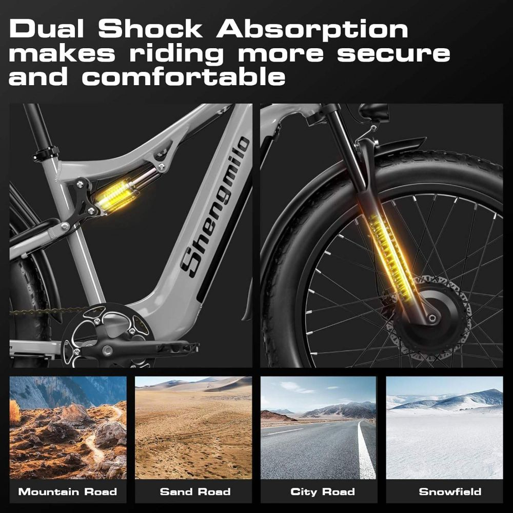 Una bicicleta eléctrica, con texto sobre absorción de impactos e imágenes de terrenos: montaña, arena, ciudad y nieve.