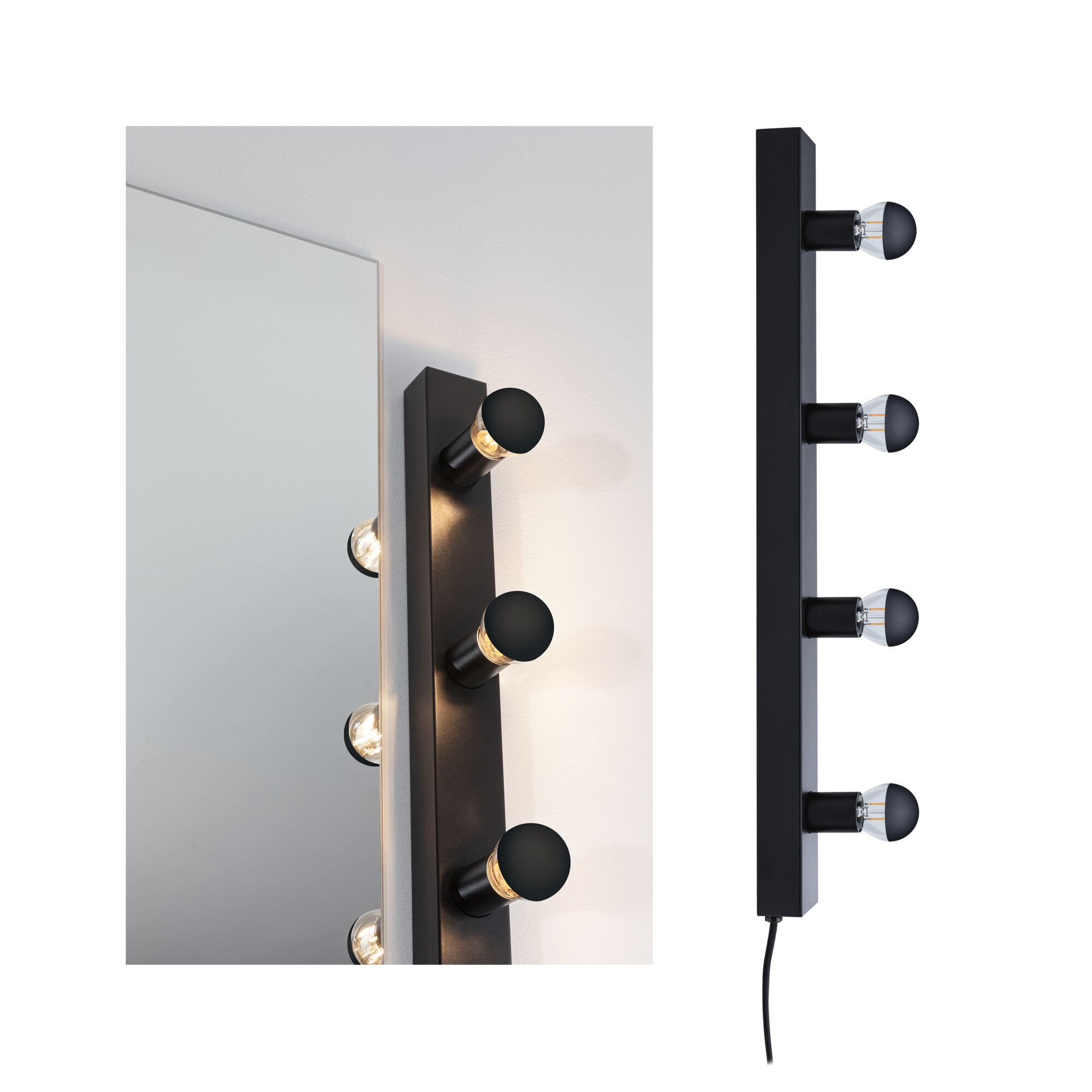 Czarna lampa do makijażu z pięcioma żarówkami, obok lustra. Każda żarówka ma czarną nasadkę. Tło jest białe.