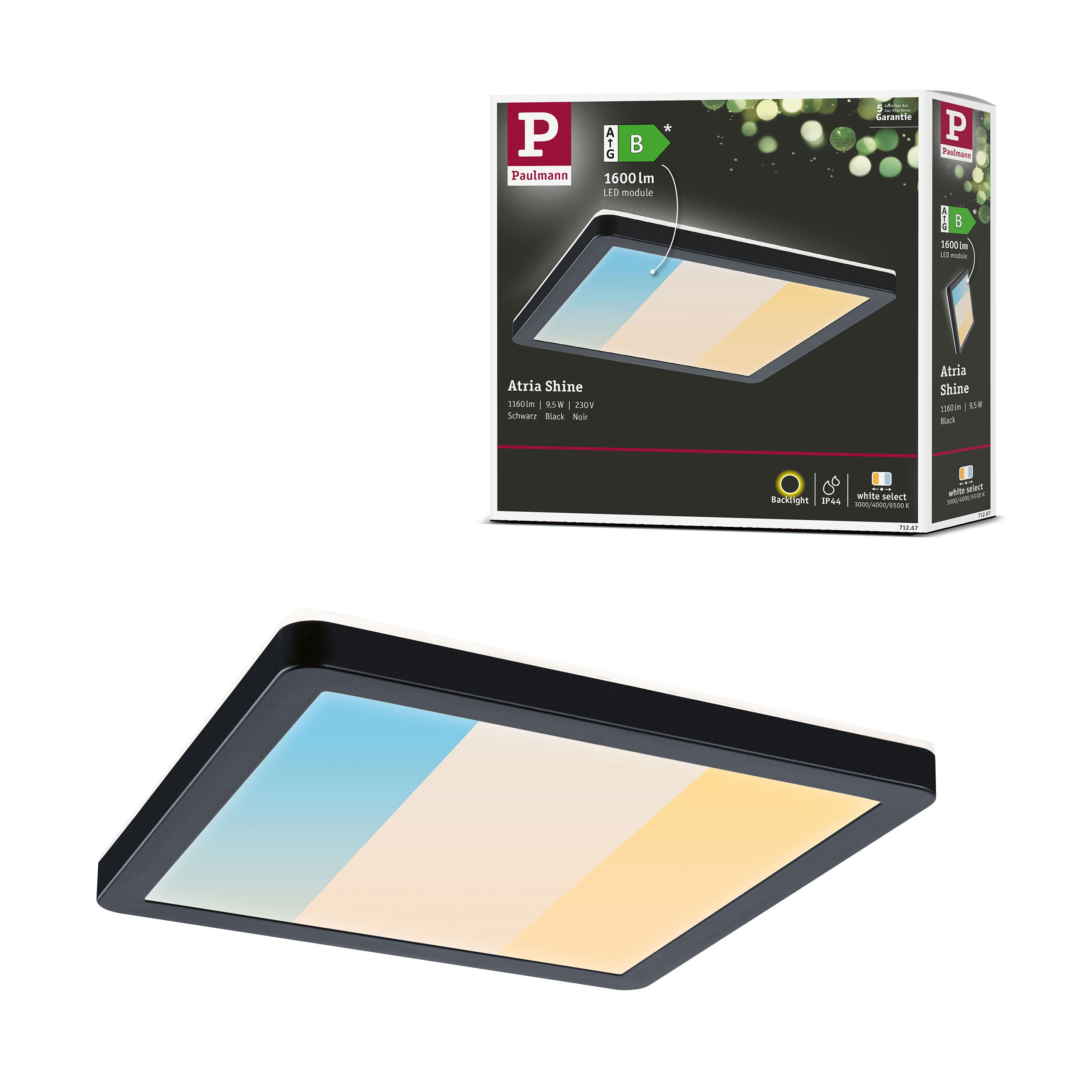 Kwadratowa lampa sufitowa LED z czarną ramą i białymi, niebieskimi i żółtymi sekcjami światła.