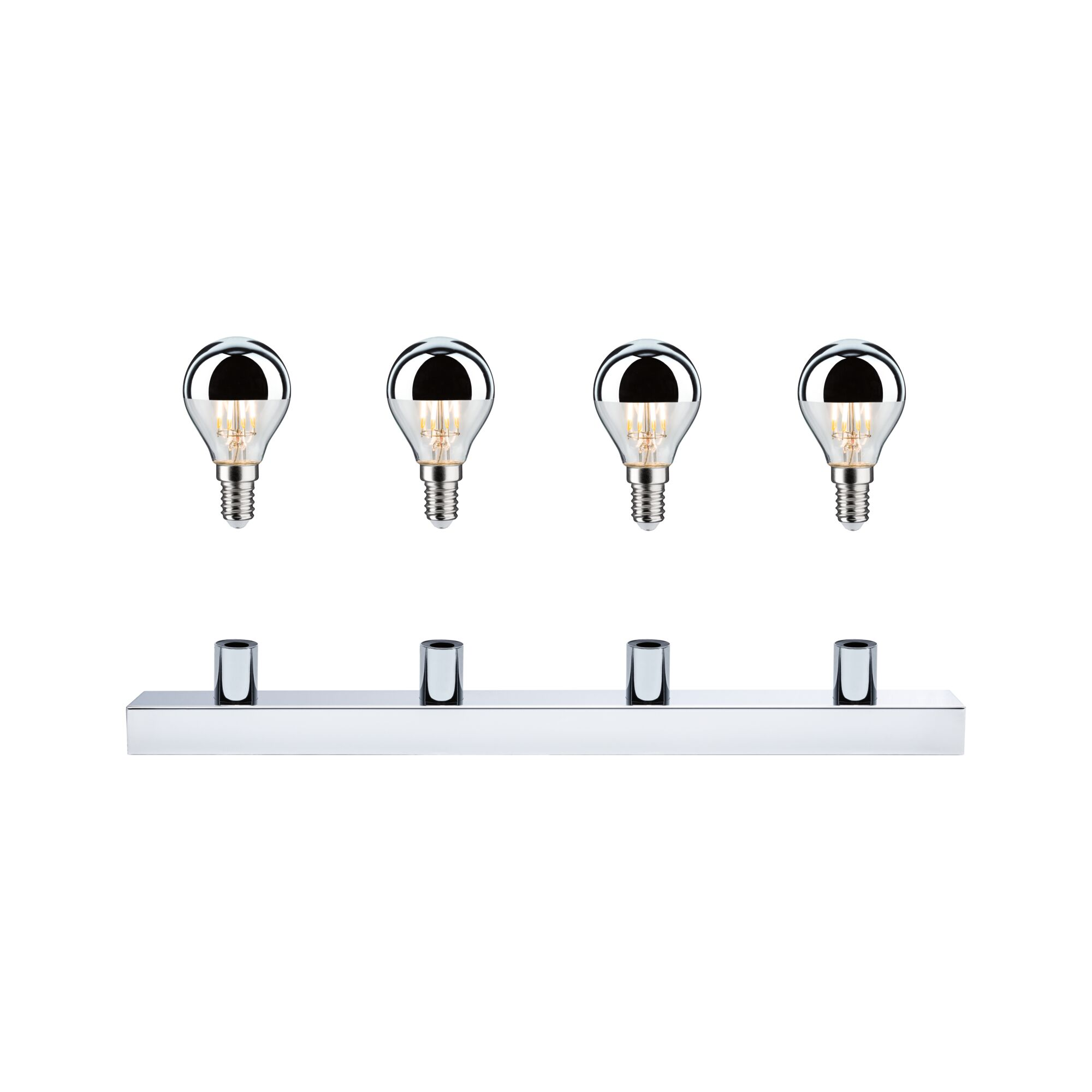 Cztery chromowane żarówki nad chromowanym prętem z czterema pionowymi wspornikami, wszystko na białym tle.