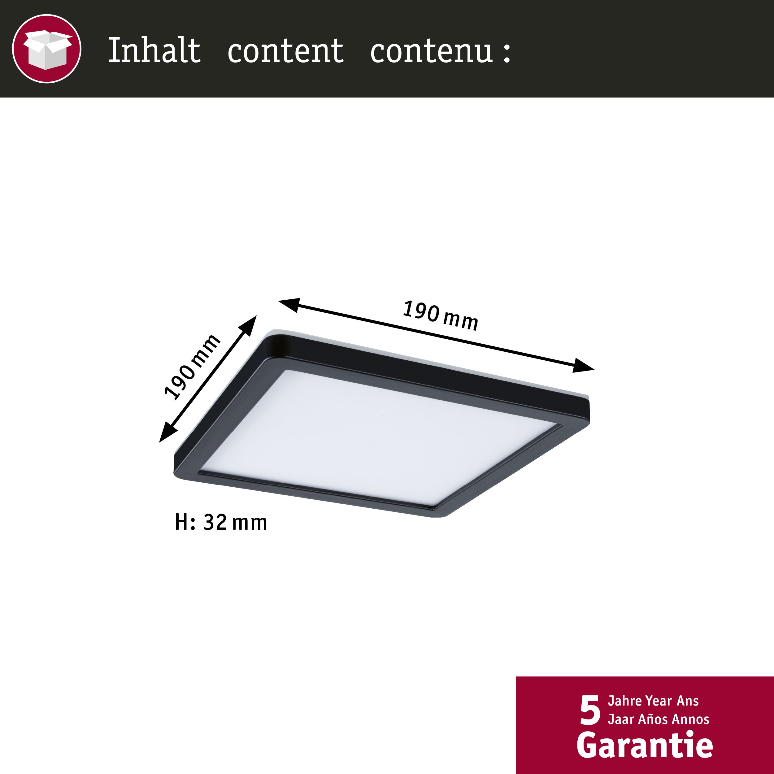 Kwadratowa oprawa LED z czarną ramą. Wymiary: 190mm x 190mm x 32mm. Białe światło. Tekst mówi Gwarancja.