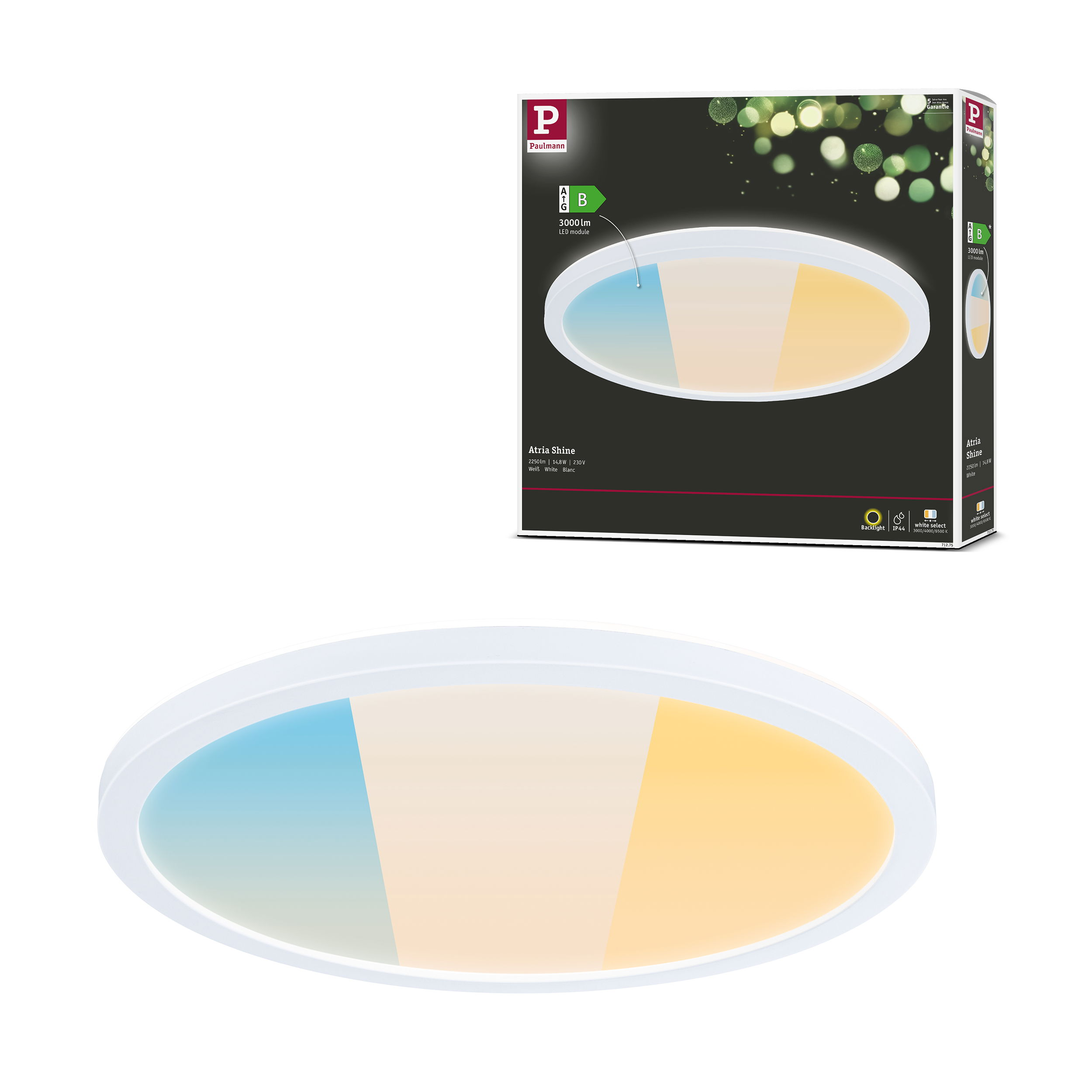 Biała, okrągła oprawa LED z sekcjami zmieniającymi kolor i jej pudełko.