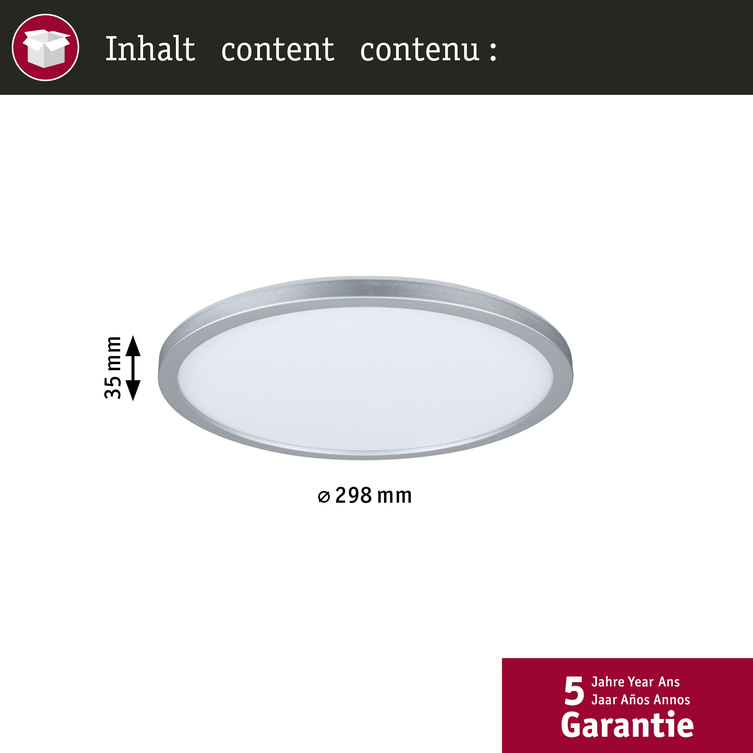 Okrągła lampa sufitowa LED ze srebrną ramą. Wymiary są wyświetlane. Posiada 5-letnią gwarancję.