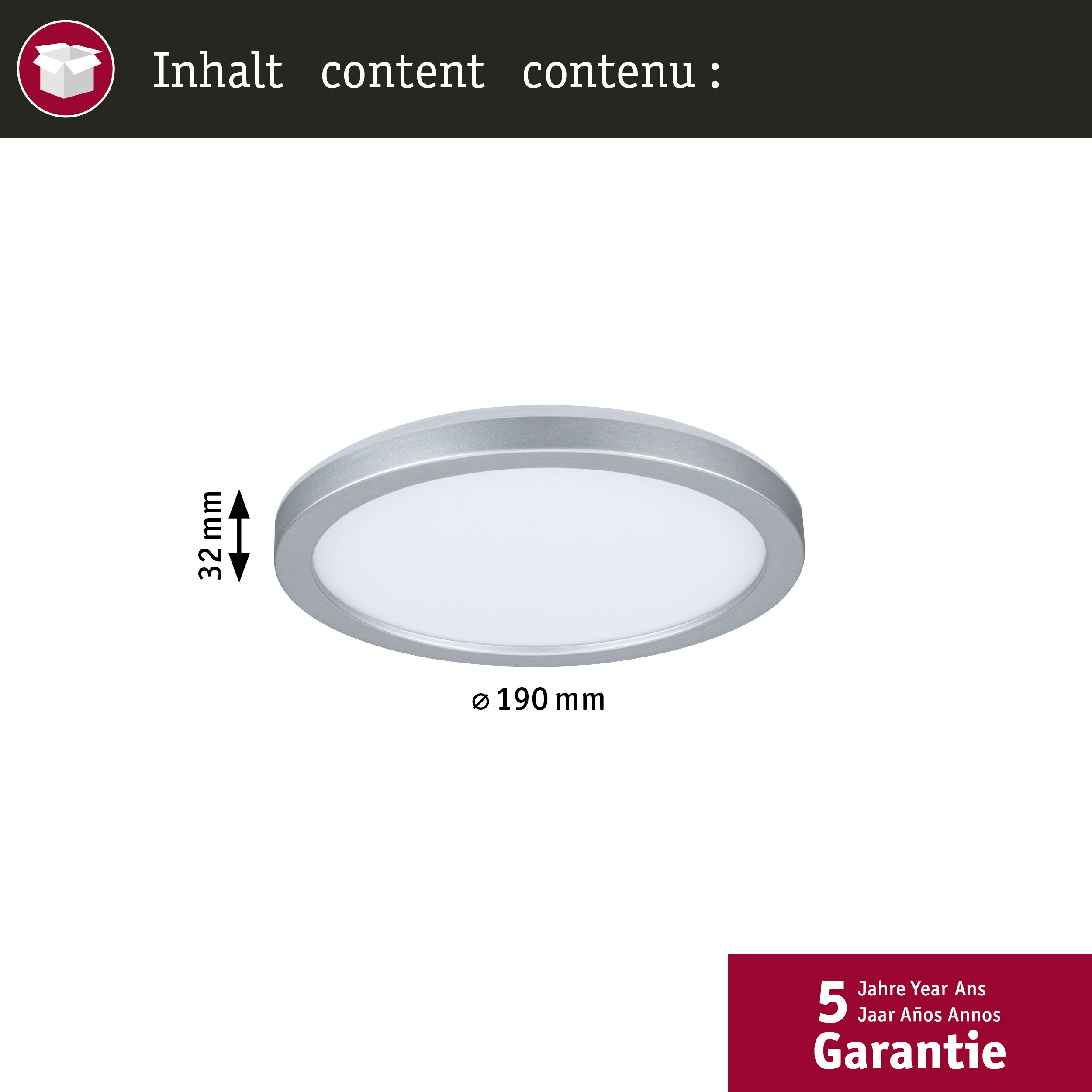Okrągła, srebrna lampa sufitowa LED z białym środkiem, obecne są również wymiary i informacje o gwarancji.