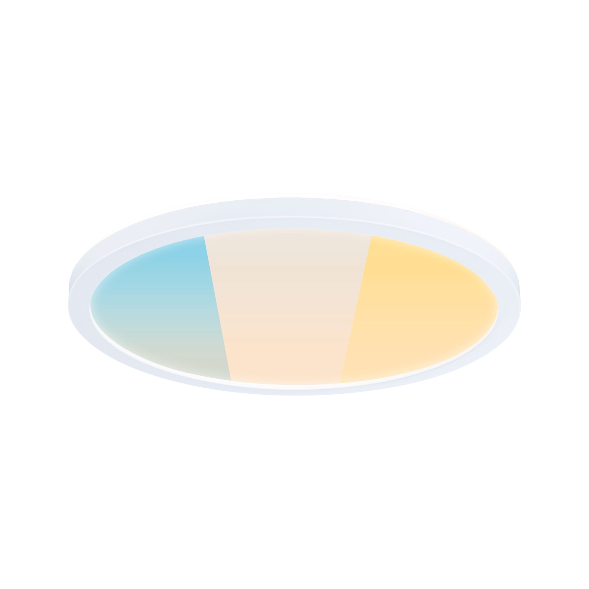 Biała, owalna lampa sufitowa z trzema sekcjami kolorów: niebieskim, beżowym i żółtym, na białym tle.