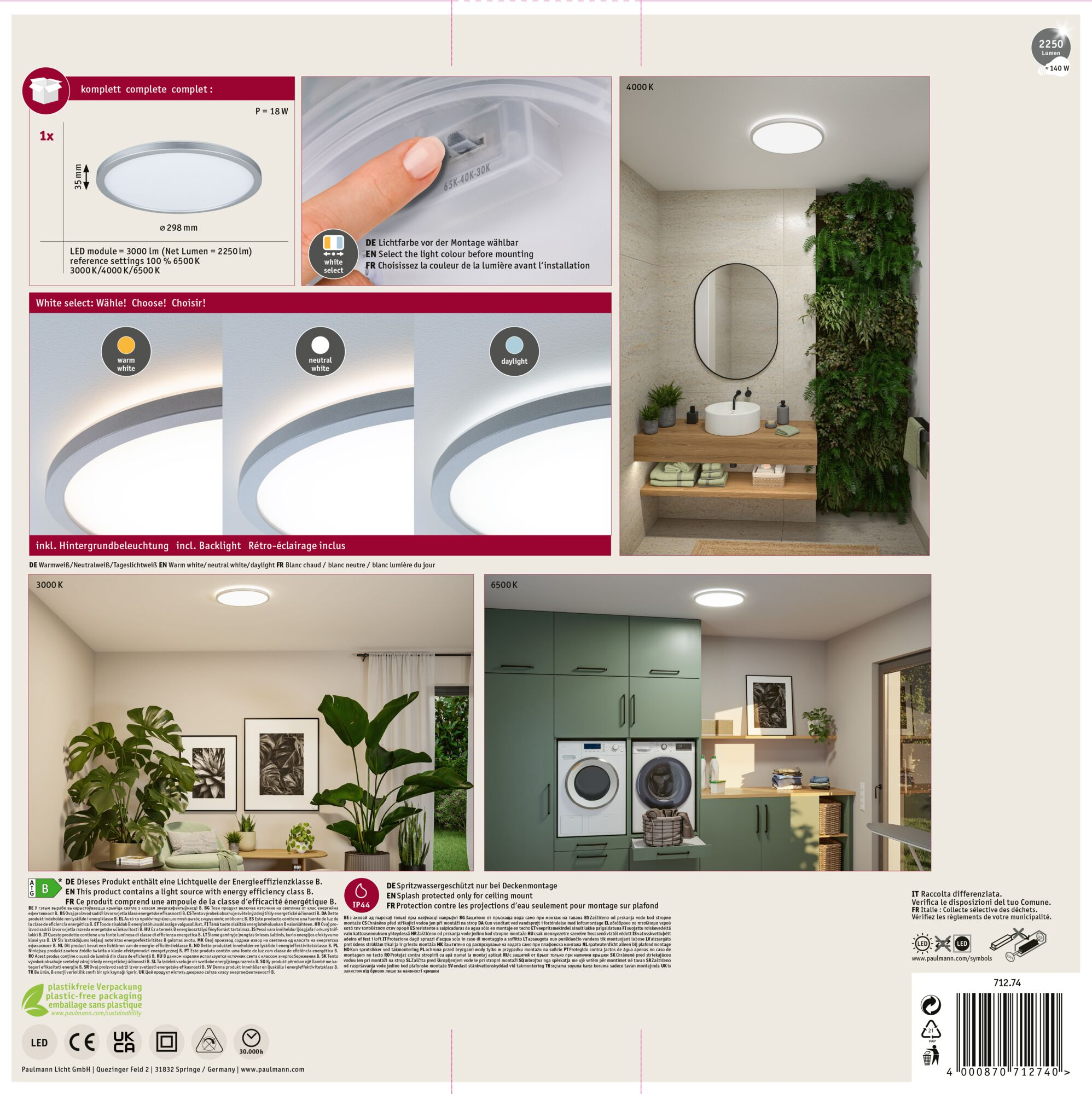 Widoczna jest biała, okrągła lampa sufitowa. Ma białe światło, a opakowanie zawiera informacje o produkcie.