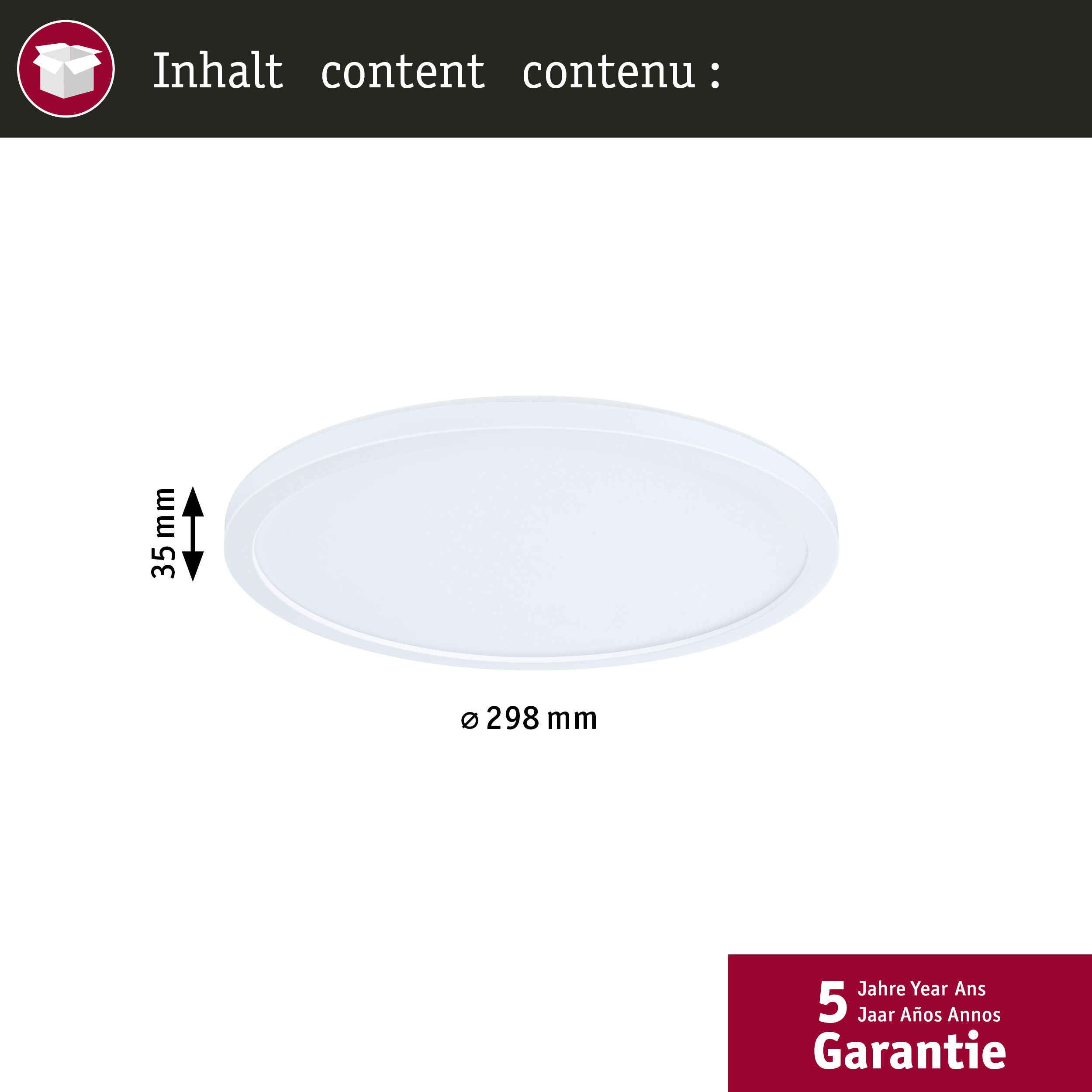 Biała, okrągła lampa sufitowa o średnicy 298 mm. Wymiary wyświetlane z tekstem: 35 mm.