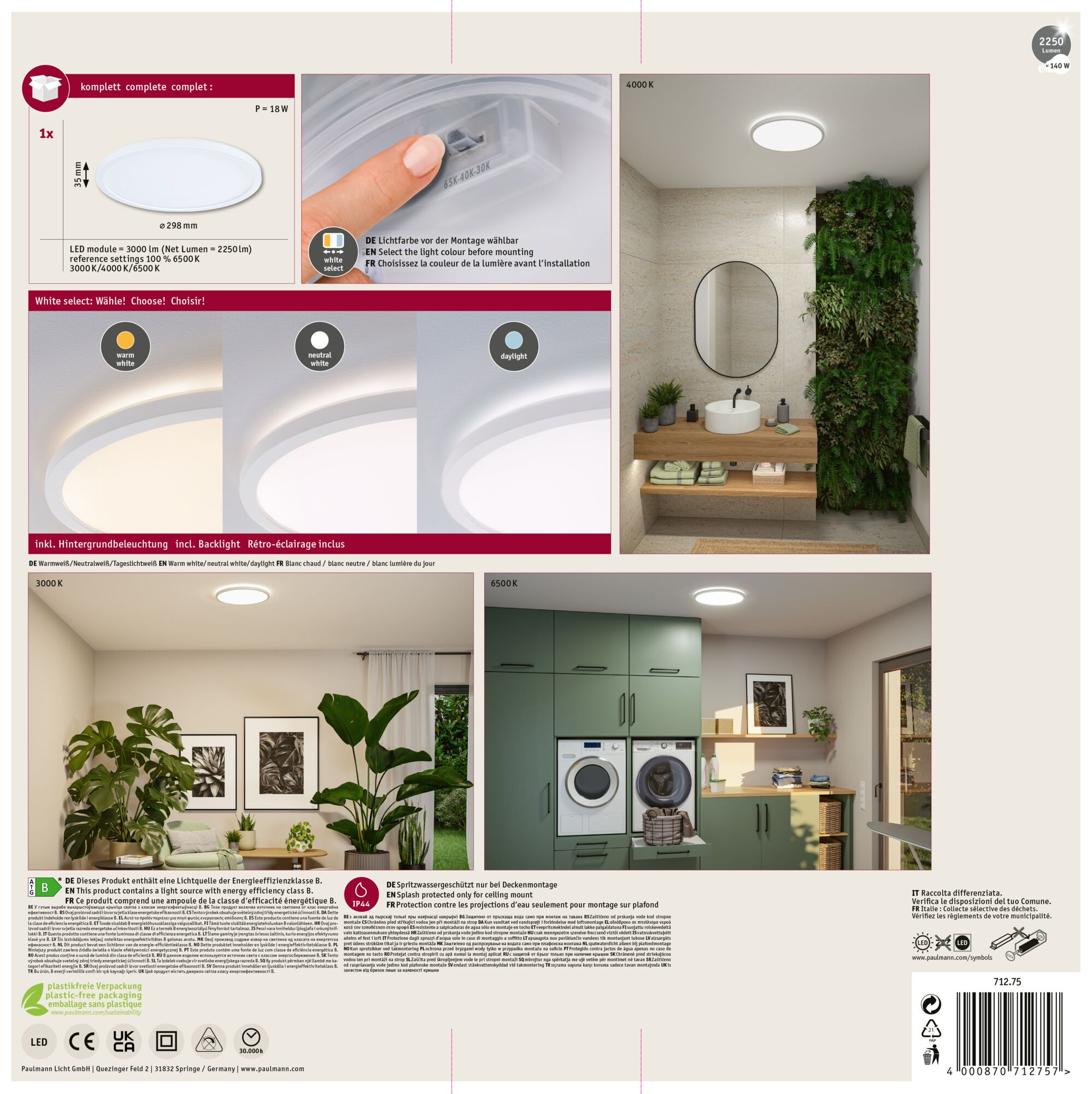 Biała lampa sufitowa z opcjami koloru, pokazana w łazience z zieloną ścianą.