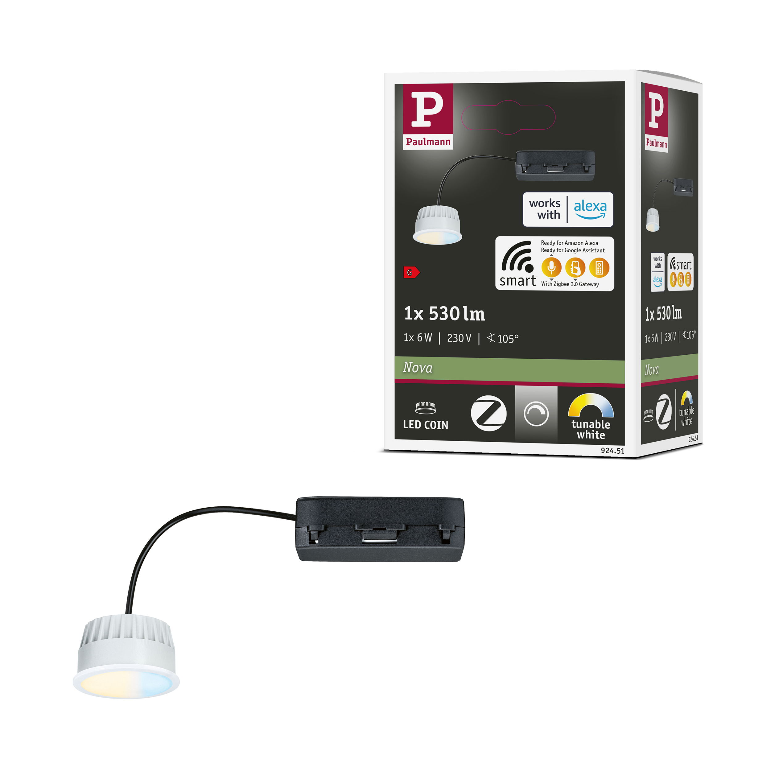 Biała lampa LED z czarnym kablem. Opakowanie pokazuje lampę ze specyfikacjami i marką.