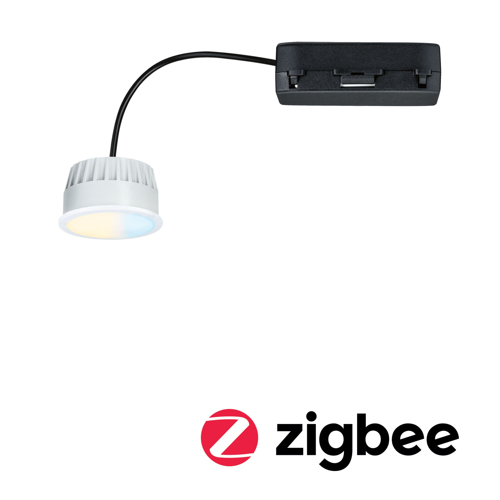 Biało-czarna oprawa oświetleniowa z czarnym przewodem. Logo Zigbee znajduje się w prawym dolnym rogu.