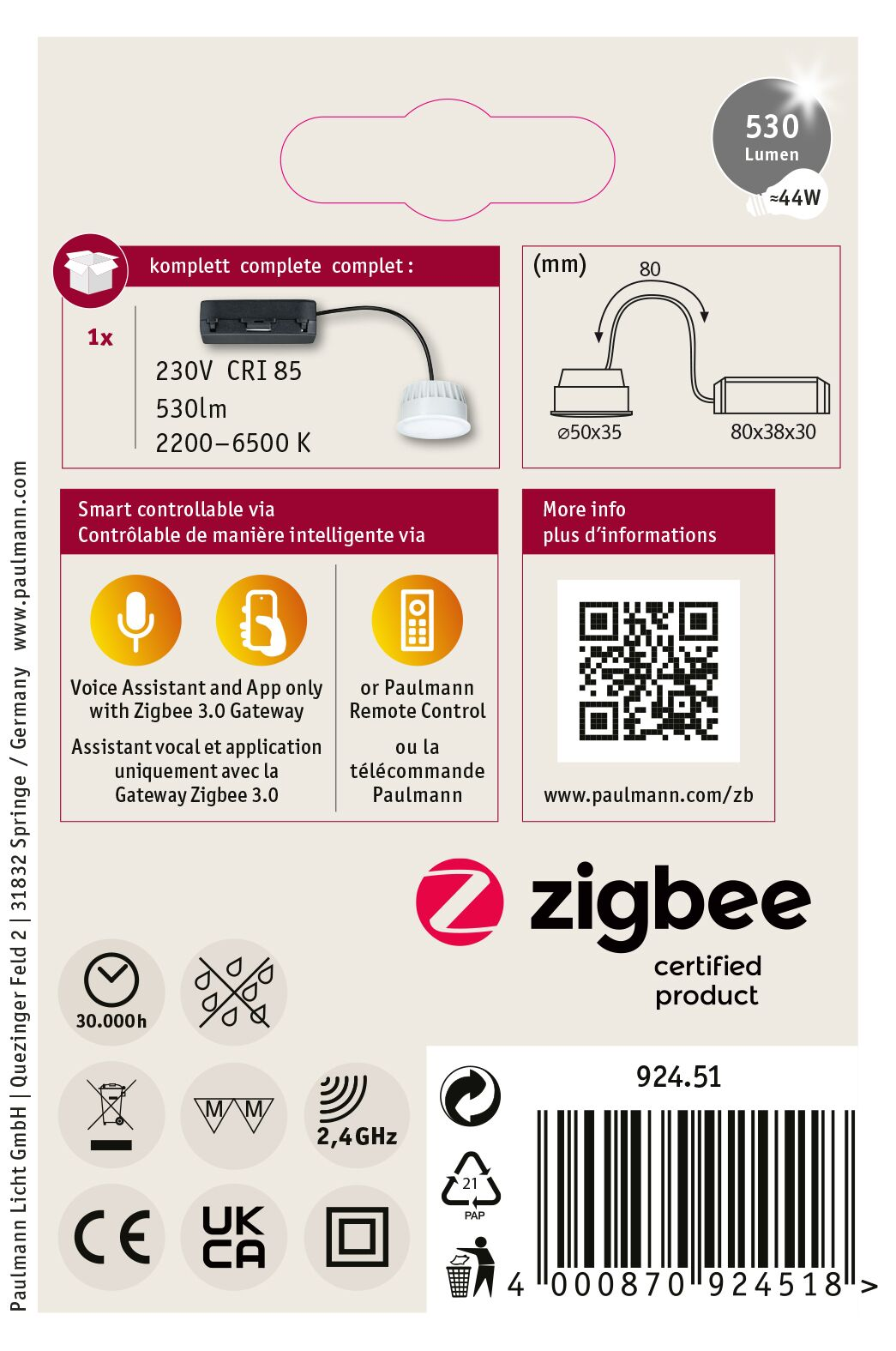 Pudełko produktu ze specyfikacjami światła, w tym napięciem, lumenami i temperaturą barwową. Z opcjami sterowania Zigbee i głosowego.