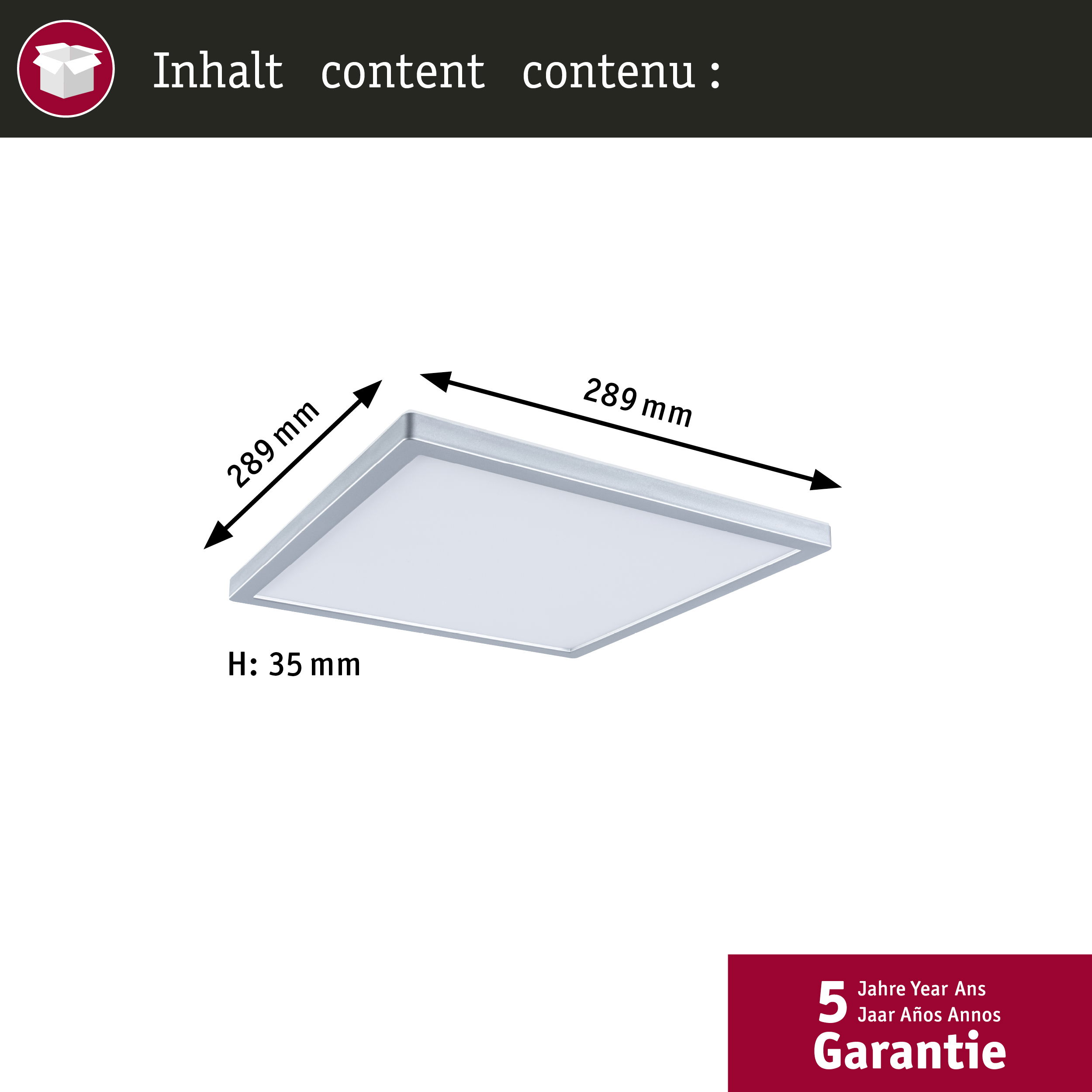 Kwadratowa oprawa LED z wymiarami. Tekst wyświetla '5 lat gwarancji'.