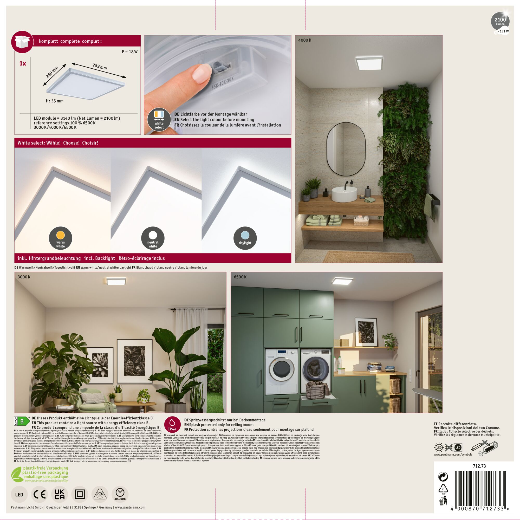 Zdjęcie produktu z lampą sufitową i informacjami o produkcie. Są też sceny łazienki i pralni.