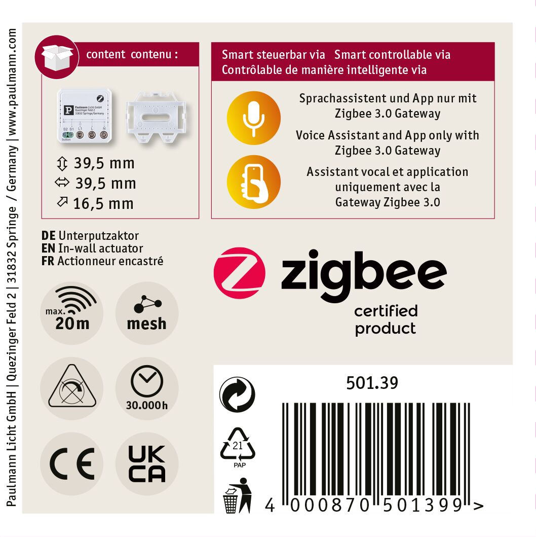 Pudełko produktu ze szczegółami, tekstem w języku niemieckim, angielskim i francuskim oraz logo Zigbee.