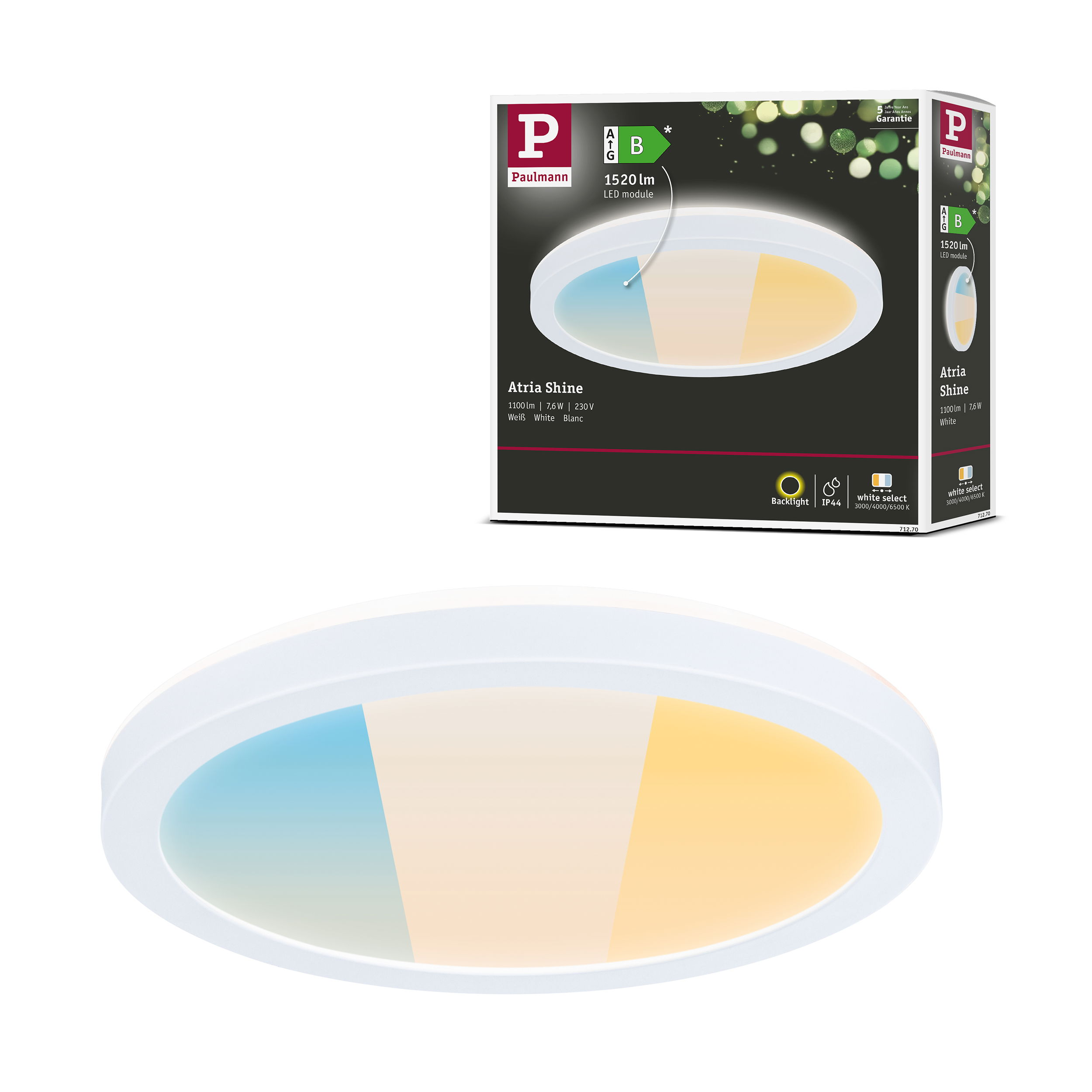 Biała i kolorowa lampa LED jest pokazana z pudełkiem. Lampa ma niebieskie i żółte sekcje światła.