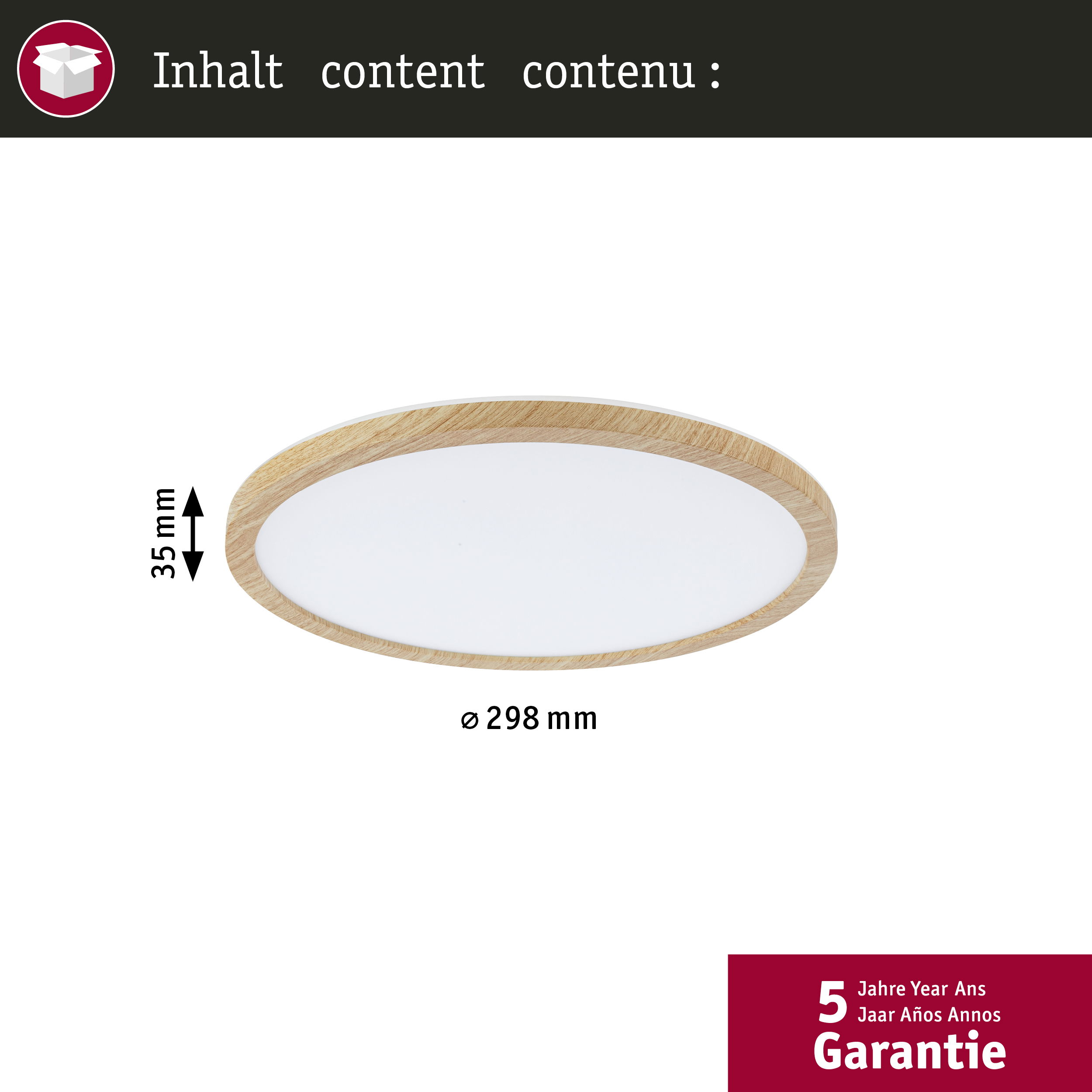 Okrągła lampa sufitowa z drewnianą ramą i białym środkiem. Rozmiar to 298 mm.