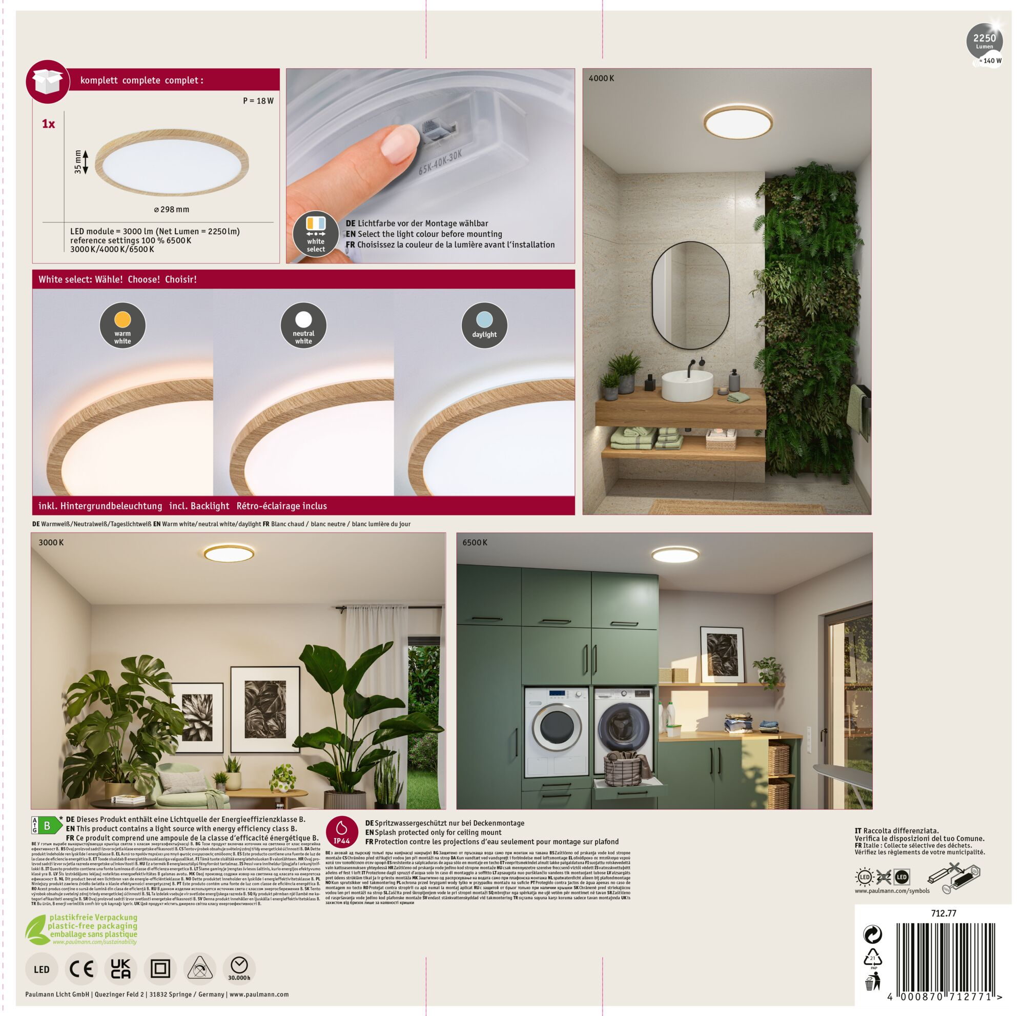 Biała lampa sufitowa z drewnianym pierścieniem, opcjami koloru światła i szczegółami produktu.