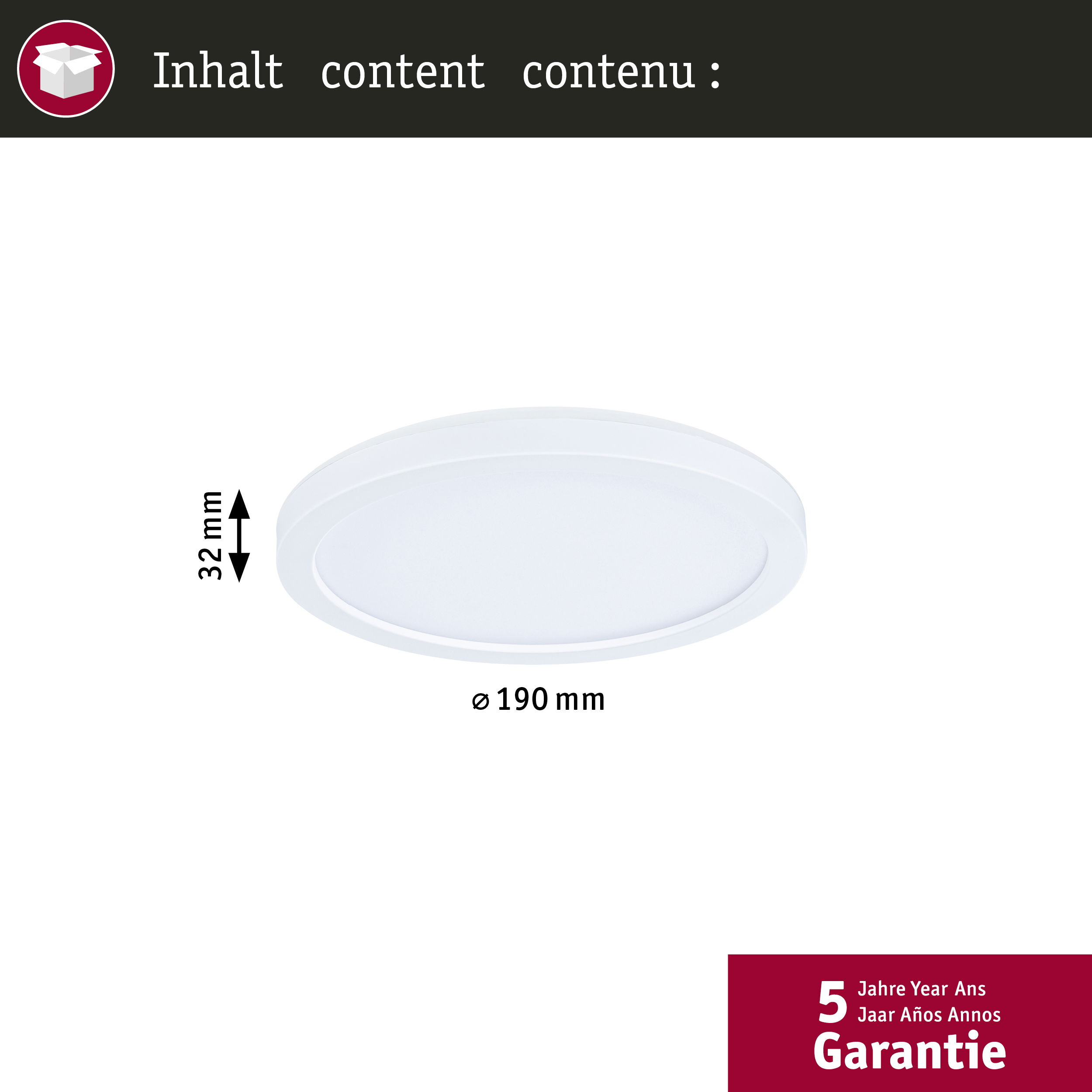 Biała, okrągła lampa sufitowa z wymiarami i banerem gwarancyjnym w prawym dolnym rogu.