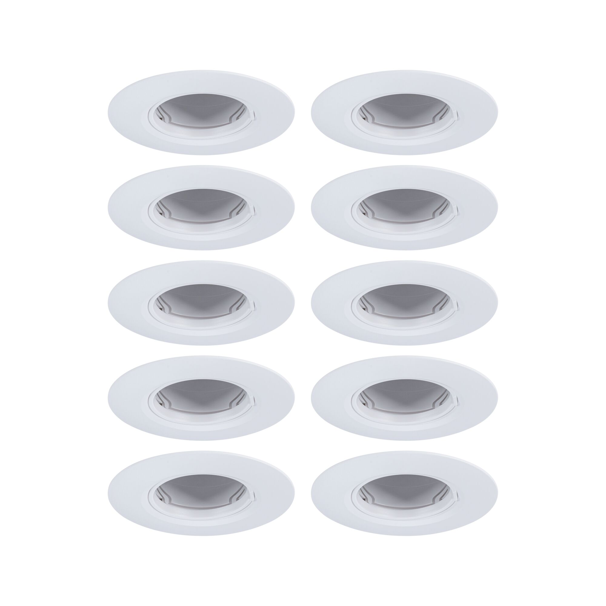 Dziesięć białych opraw wpuszczanych jest ułożonych w rzędach na białym tle. Każdy ma okrągły kształt.