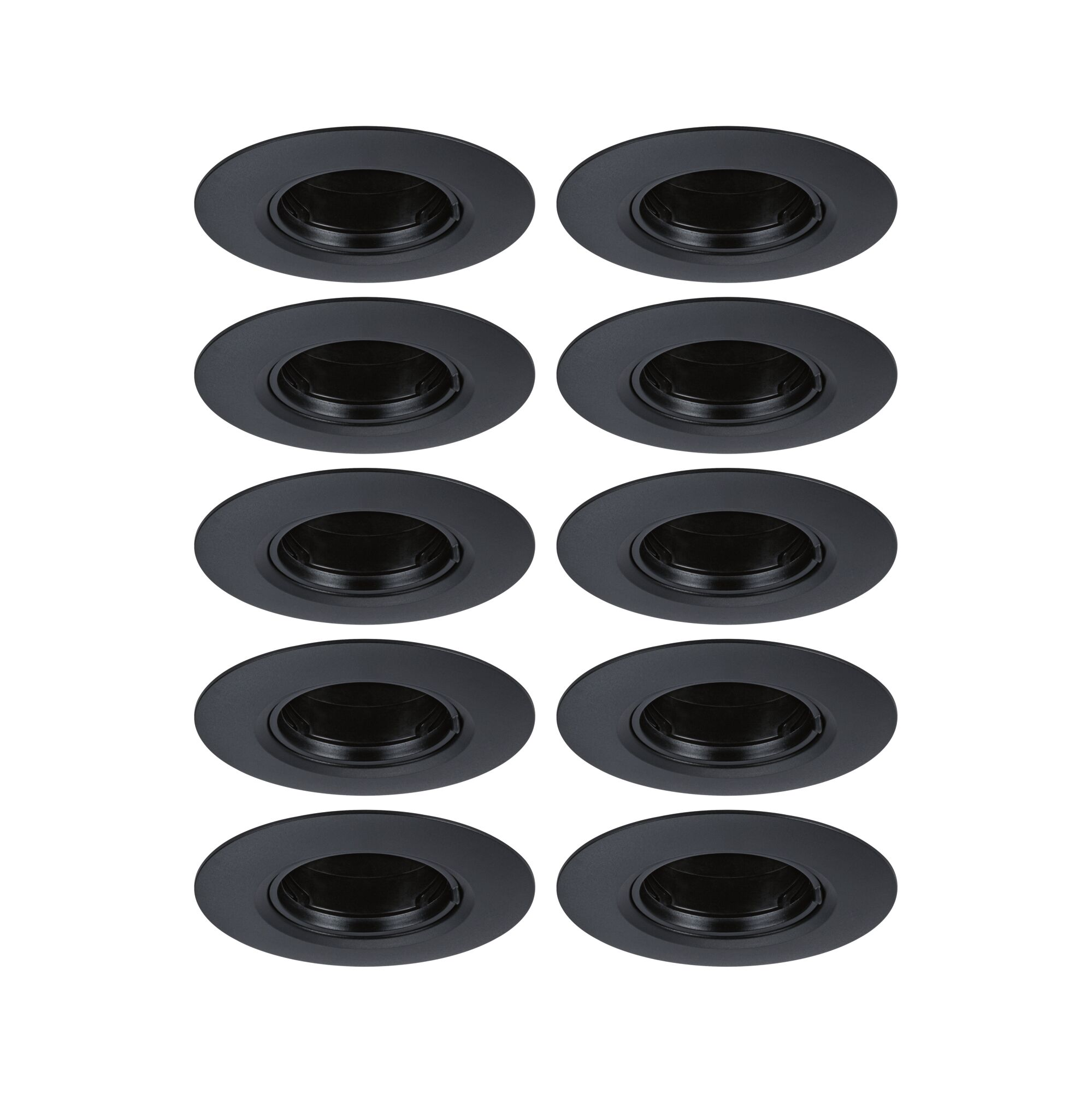 Obraz przedstawia dziesięć czarnych opraw wpuszczanych, ułożonych w rzędach po dwa. Są okrągłe z ciemnym zagłębieniem wewnętrznym.