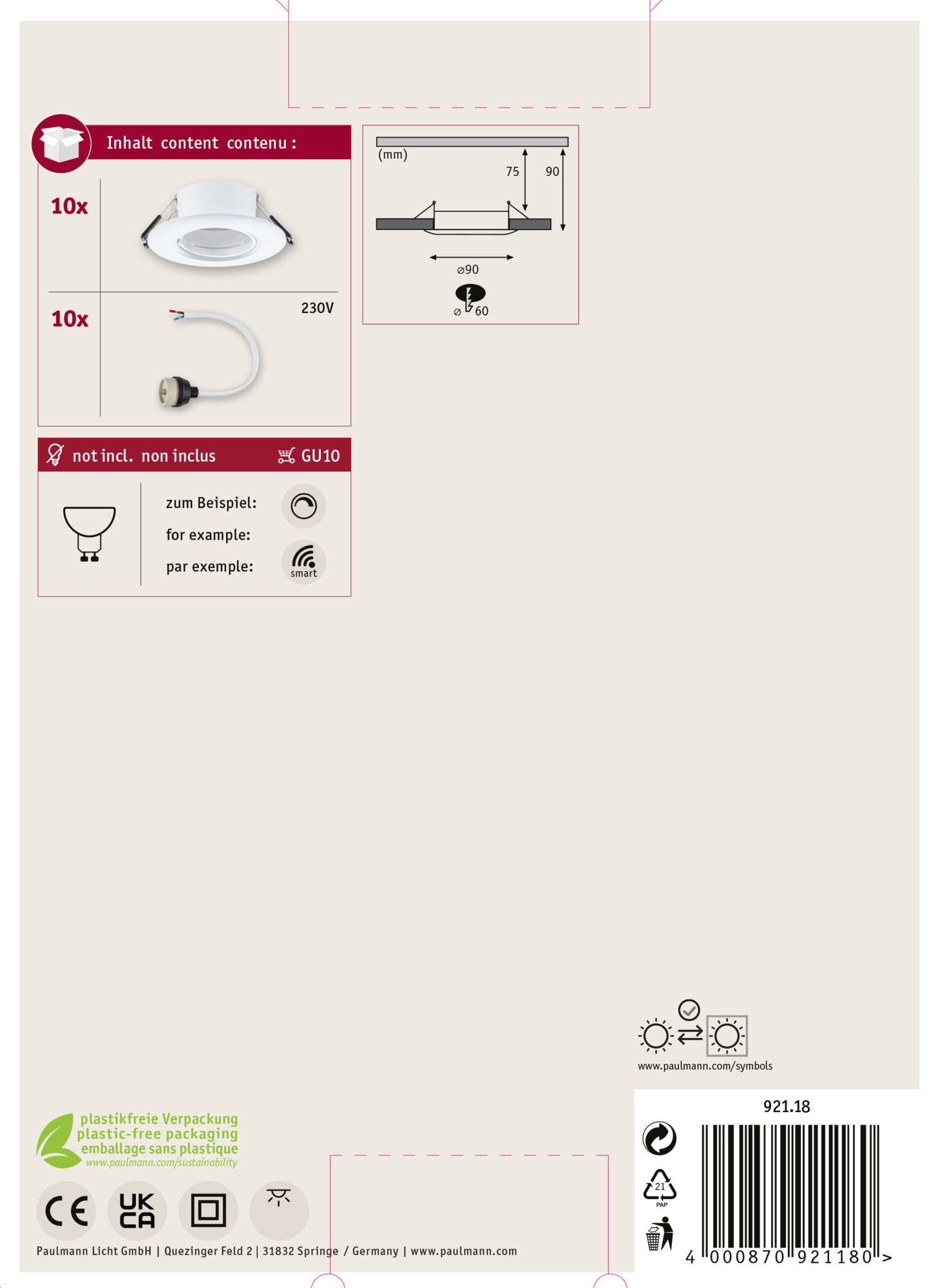 Schemat systemu oświetleniowego, w tym reflektor, okablowanie i specyfikacje techniczne z wymiarami i symbolami.