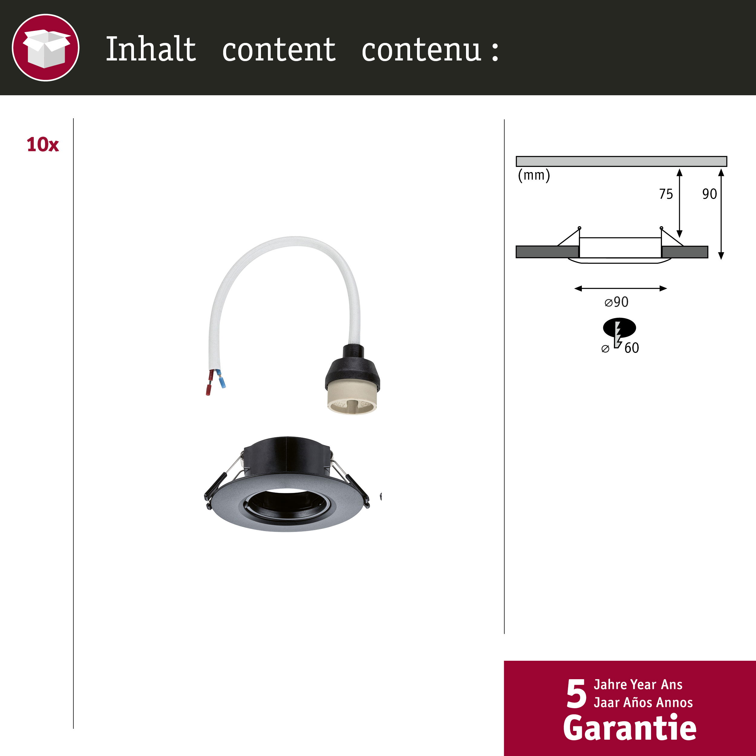 Obraz przedstawia czarny reflektor wpuszczany z diagramem wymiarów i sekcją gwarancyjną.