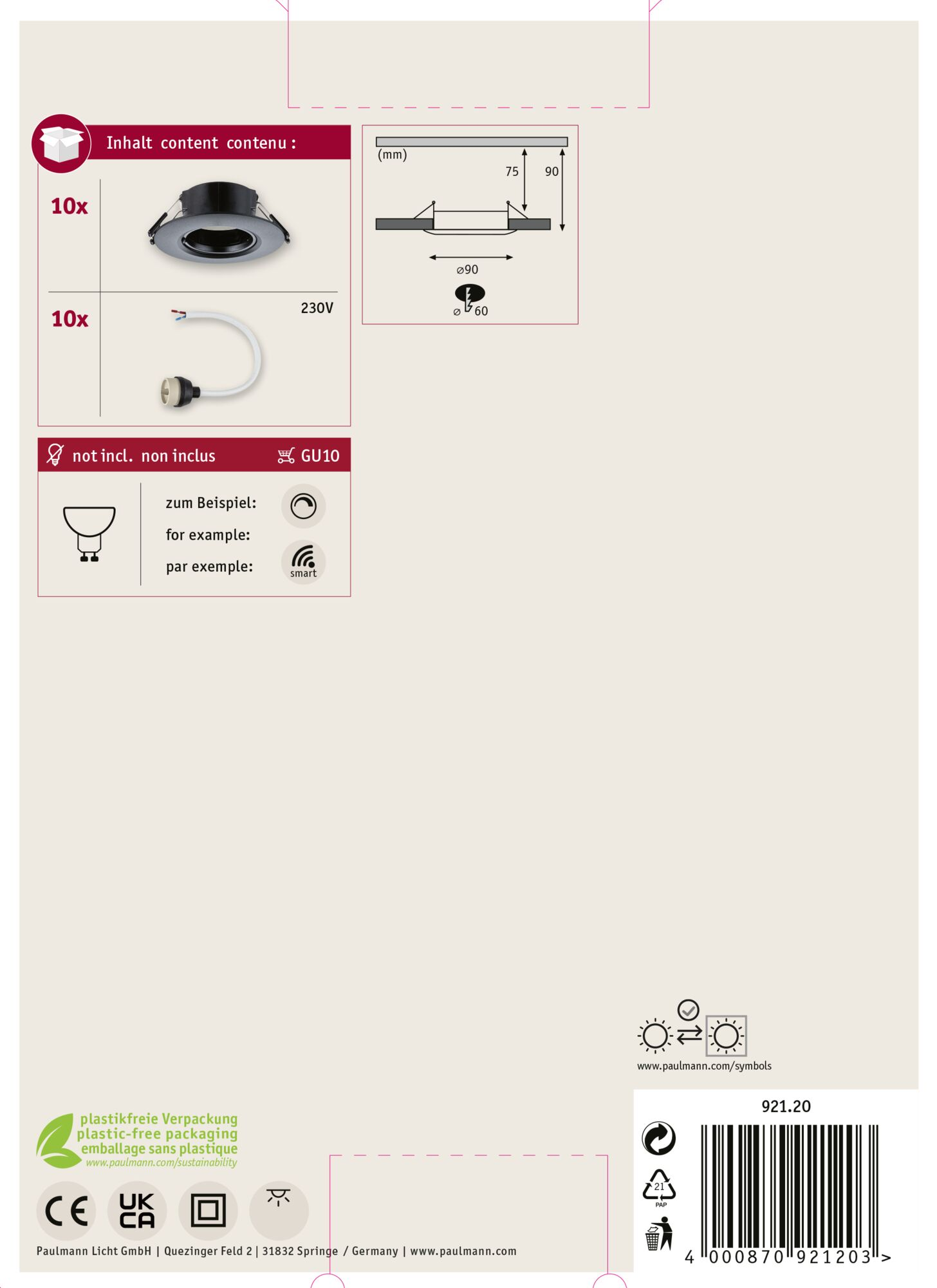 Pudełko produktu z oprawami oświetleniowymi, elementami elektrycznymi i rysunkami technicznymi. Zawiera szczegóły dotyczące napięcia i typu żarówki.