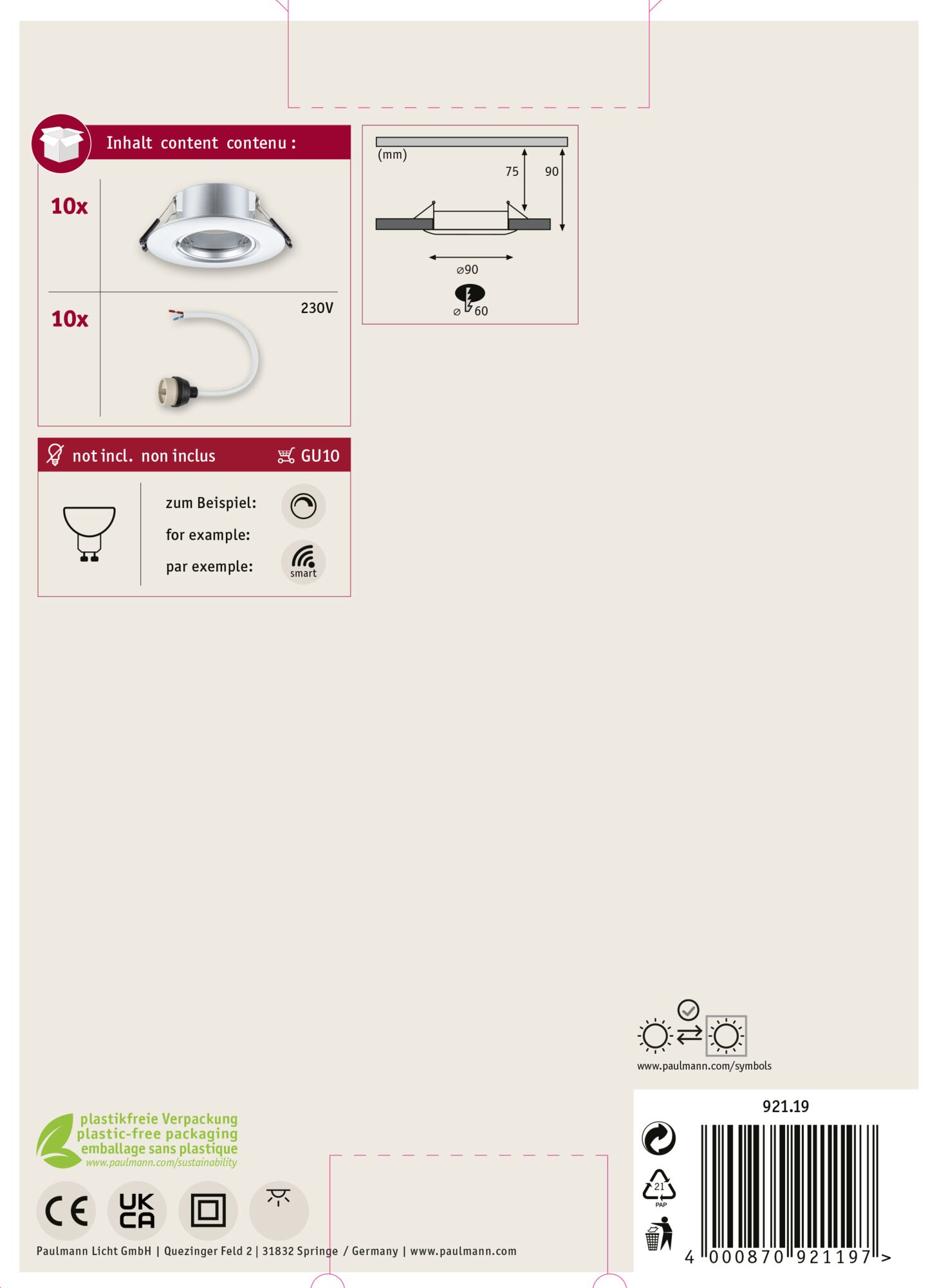 Arkusz informacyjny produktu. Pokazuje reflektory sufitowe i elementy elektryczne z wymiarami i specyfikacjami technicznymi.