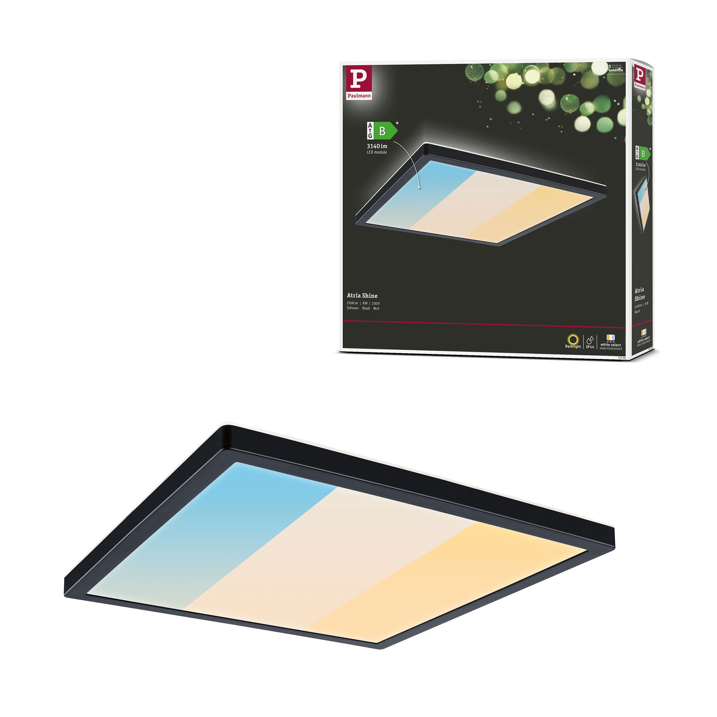 Prostokątna lampa sufitowa z trzema strefami kolorów, czarną ramką i widocznym opakowaniem produktu.