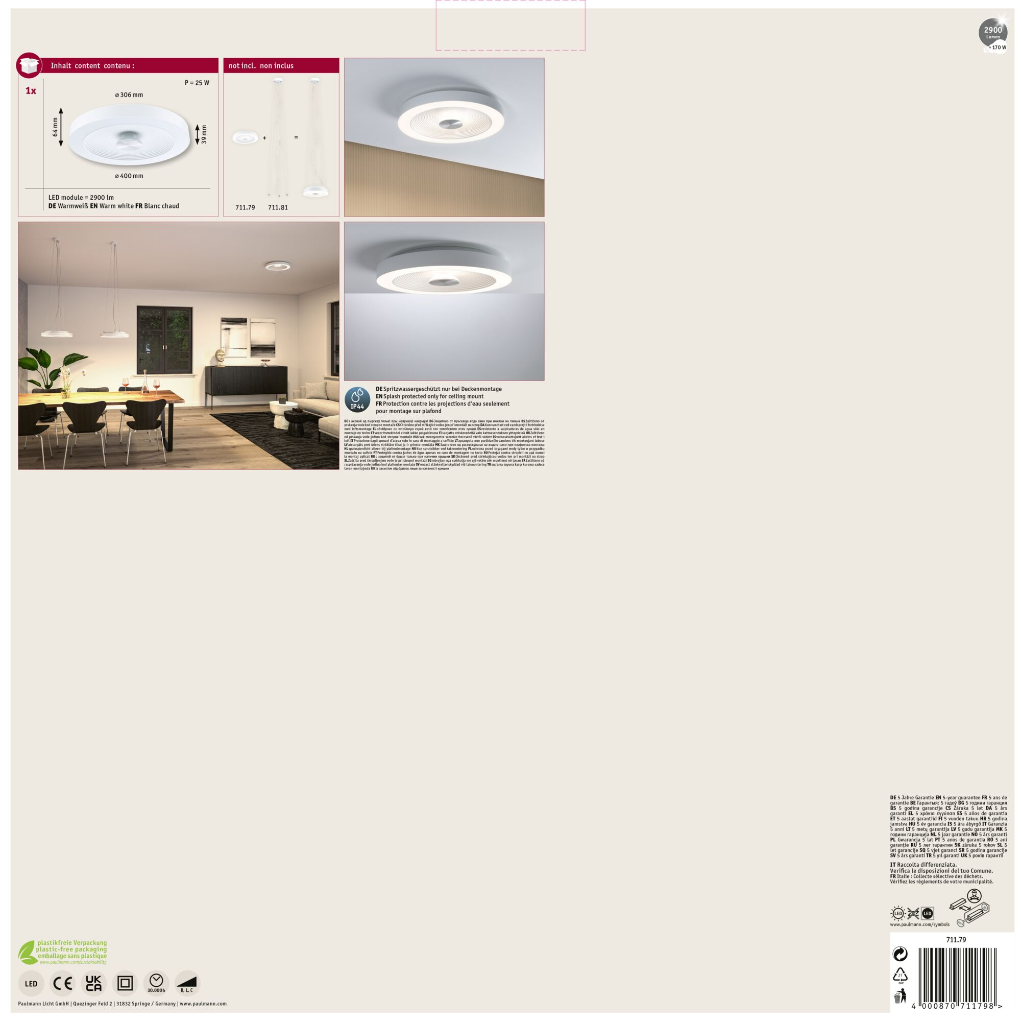 Biała lampa sufitowa, okrągła, z centralnym źródłem światła, na białym tle.