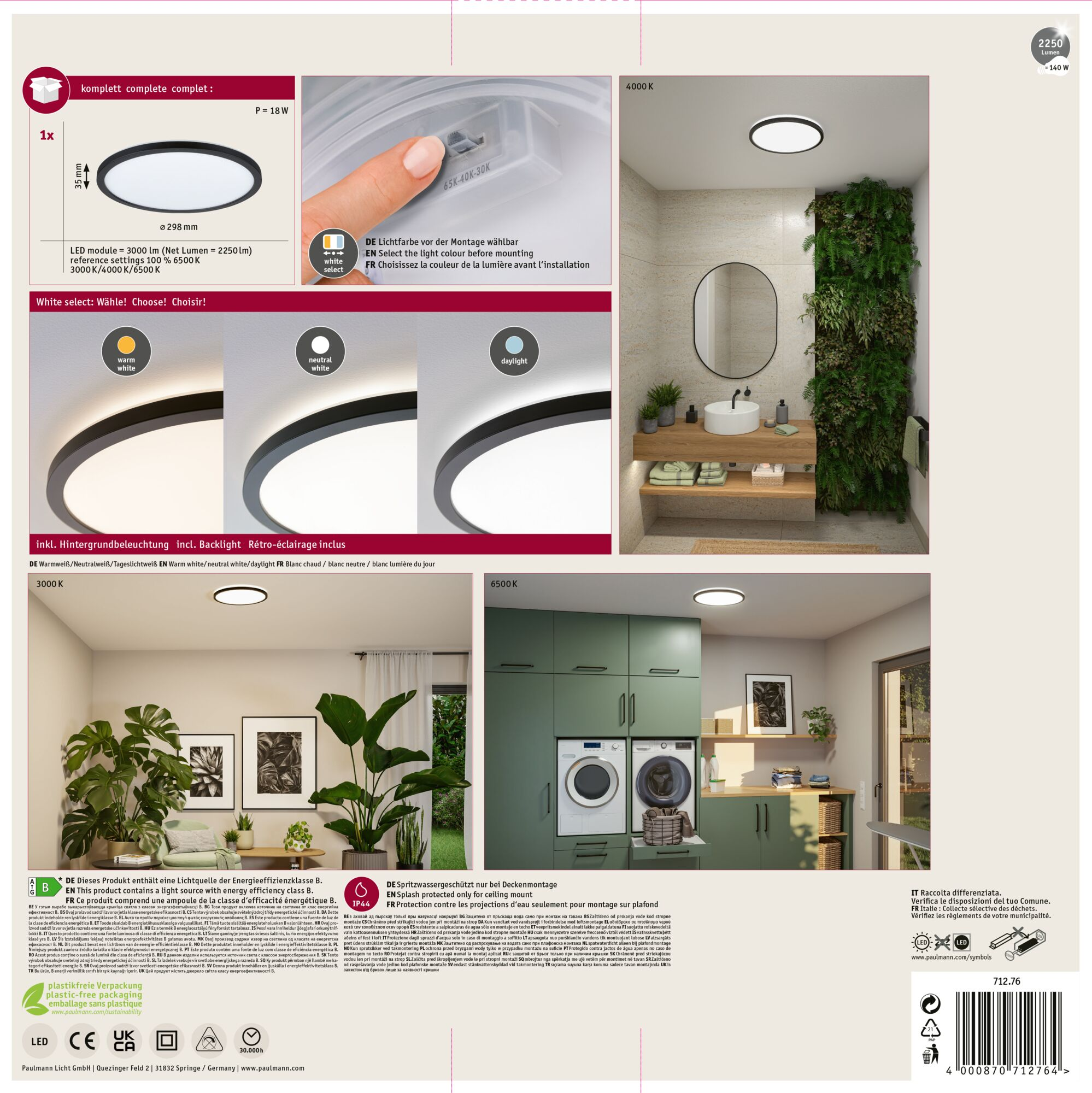 Okrągła lampa sufitowa LED, z czarną obwódką, pokazana w łazience.