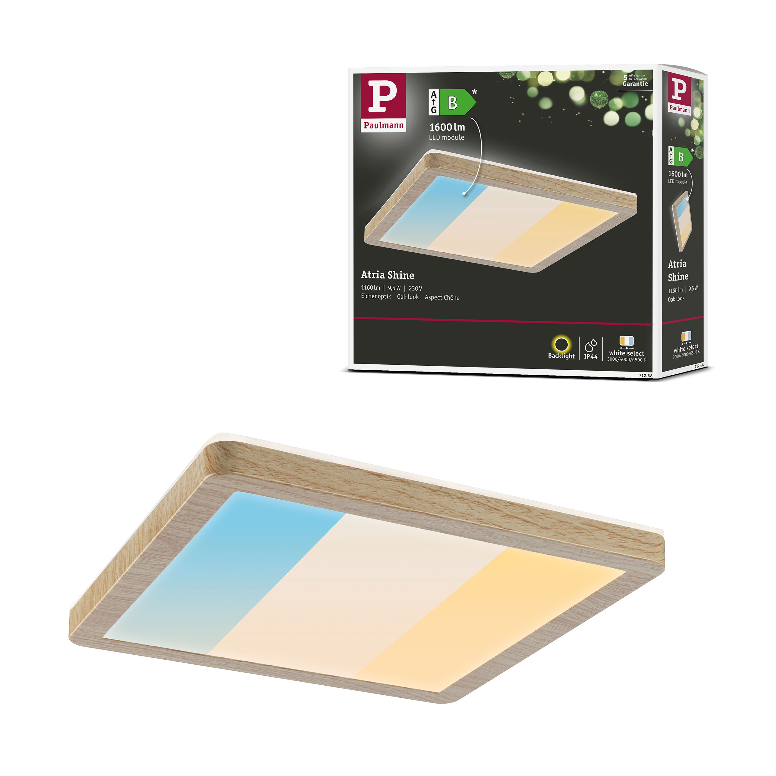 Kwadratowa lampa sufitowa LED z drewnianą ramą, z trzema strefami kolorów: niebieską, białą i żółtą. Pudełko w tle.