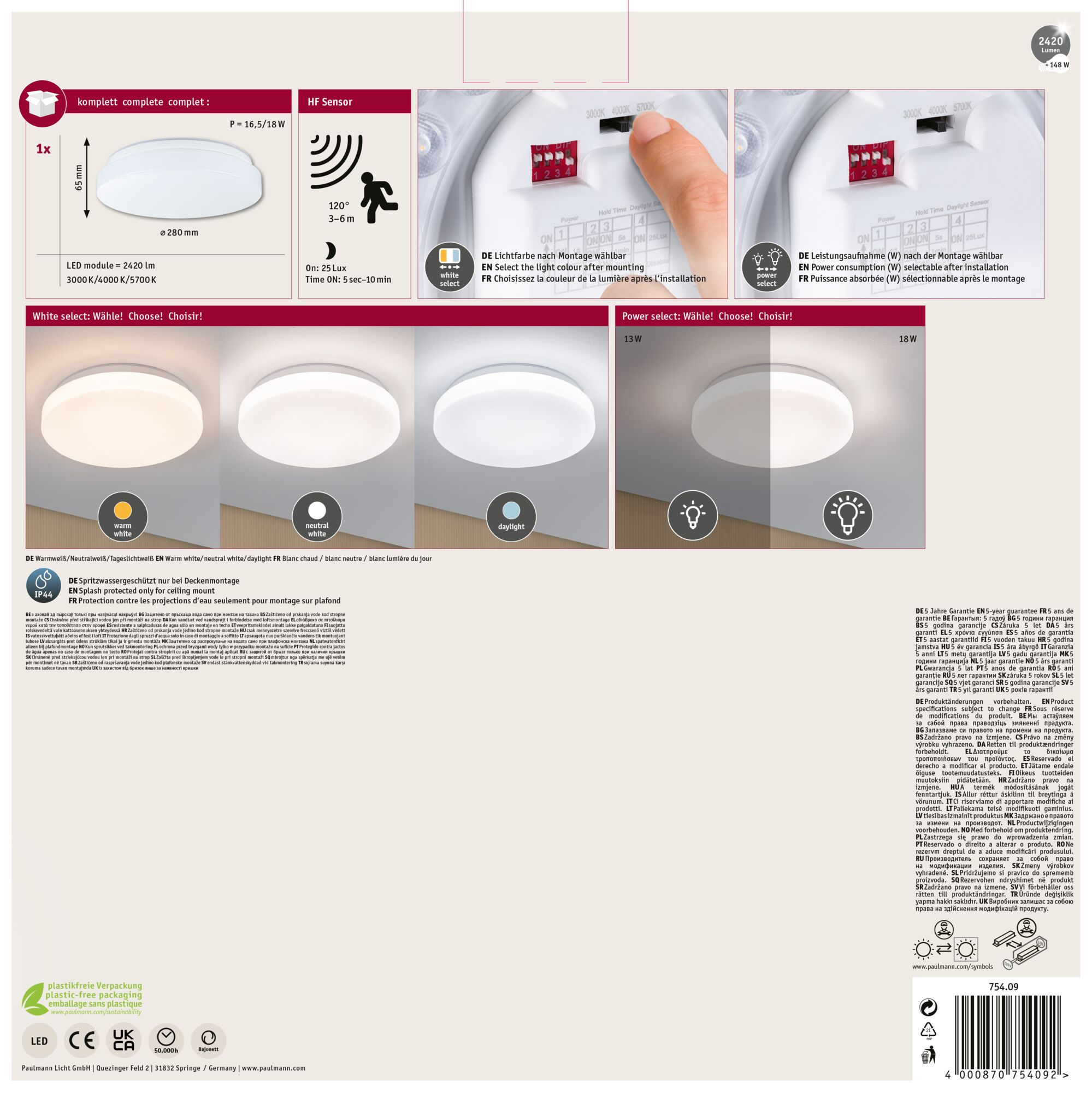 Biała lampa sufitowa z regulacją koloru i mocy oraz czujnikiem ruchu.