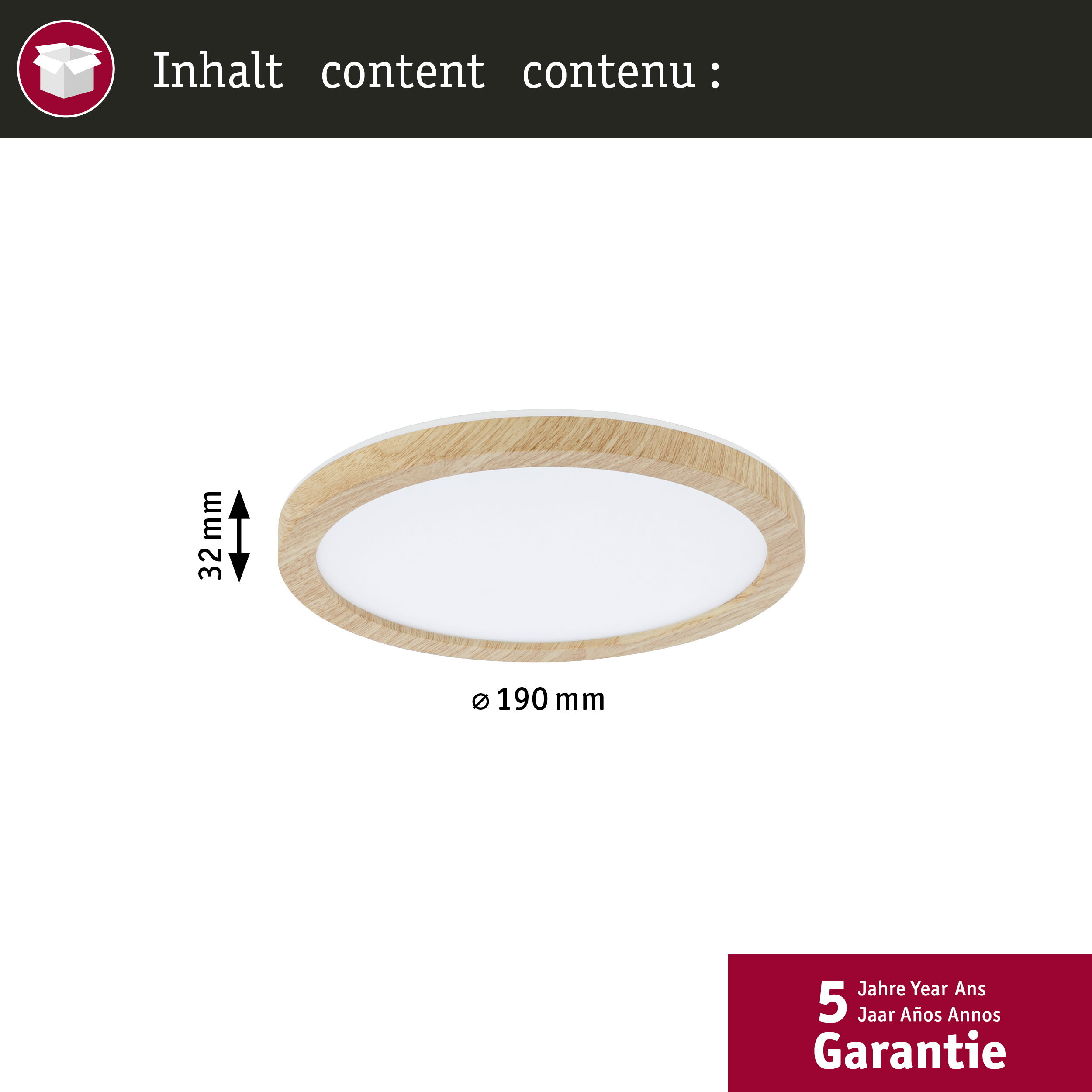 Okrągła lampa sufitowa z drewnianą ramą i białym środkiem. Wymiary są pokazane na zdjęciu.