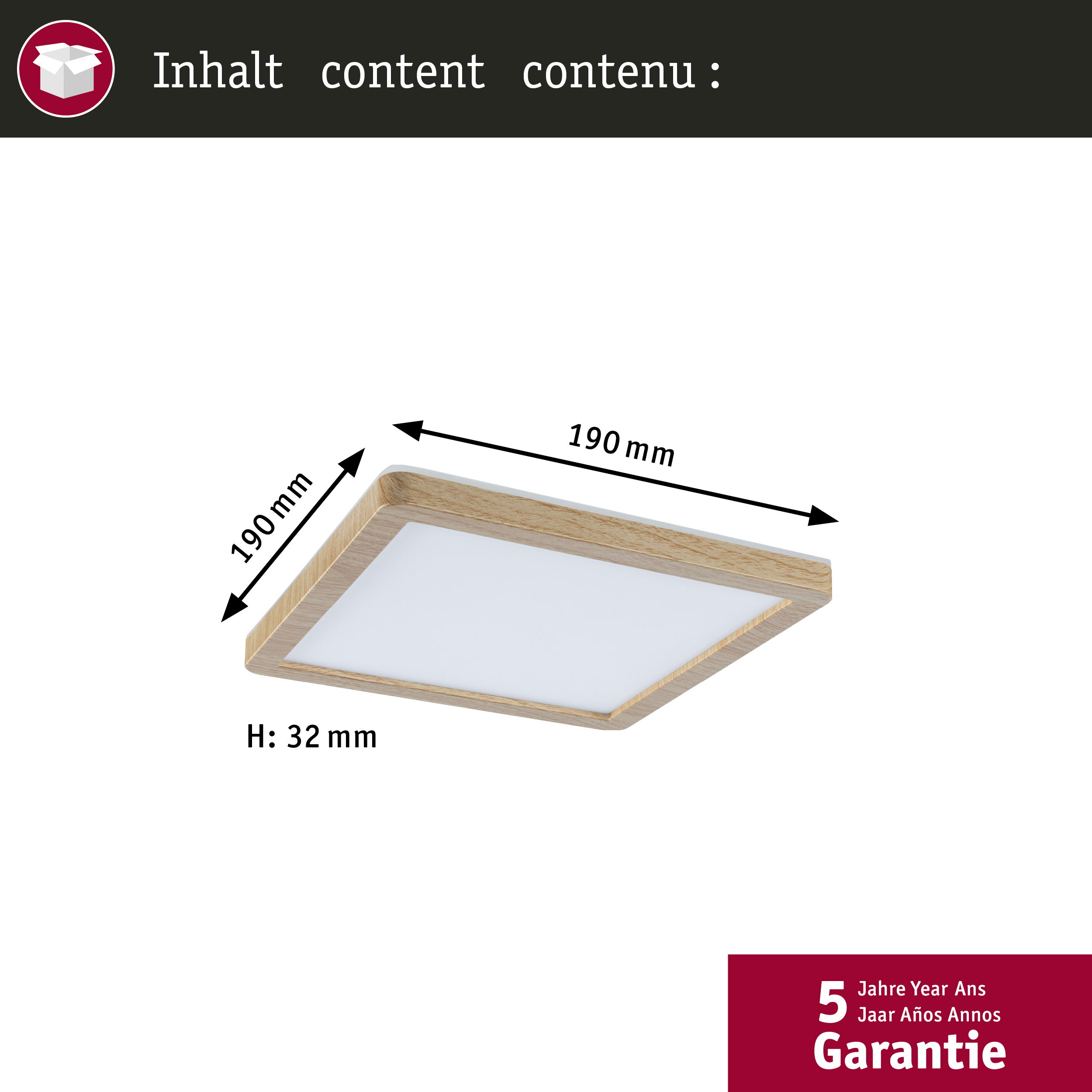 Kwadratowa lampa sufitowa LED z drewnianą ramą, wymiary oznaczone. Tekst zawiera 'Inhalt' i 'Garantie'.