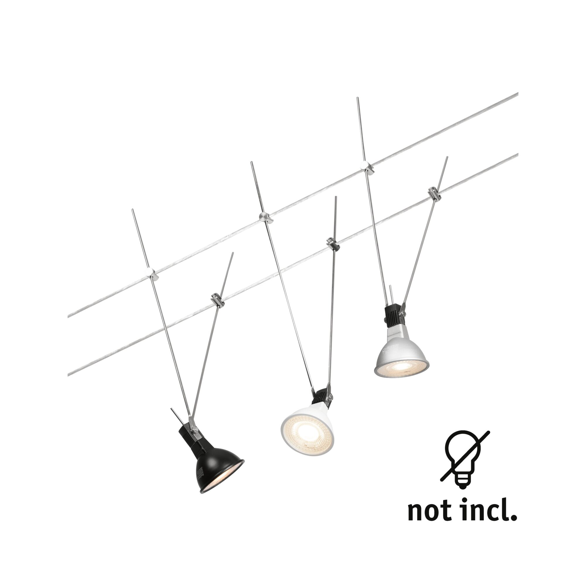 Trzy reflektory szynowe, czarne, białe i srebrne. System przewodów podtrzymuje światła. Tekst: nie incl. Żarówka z przekreśleniem.