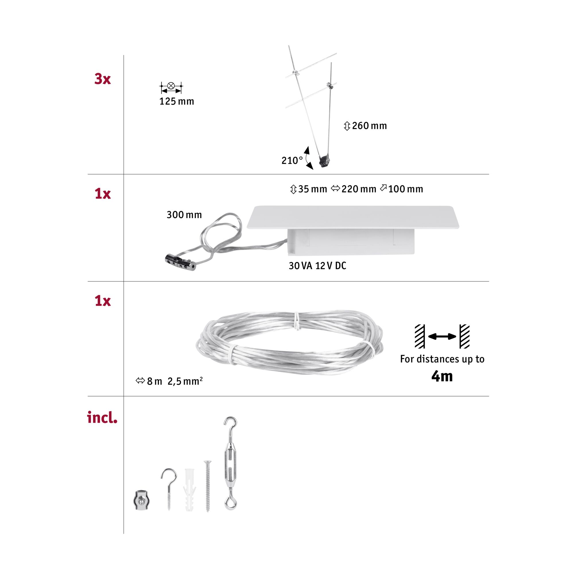Obraz przedstawia komponenty, w tym antenę, kabel i osprzęt montażowy z wymiarami i etykietami w kolorze czarnym.