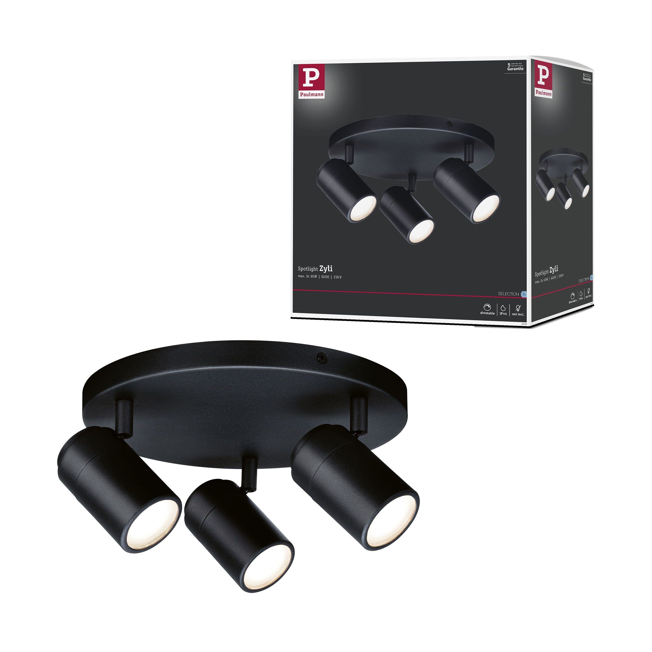 Czarna oprawa reflektorowa z trzema regulowanymi światłami. Obecne jest również pudełko produktu.