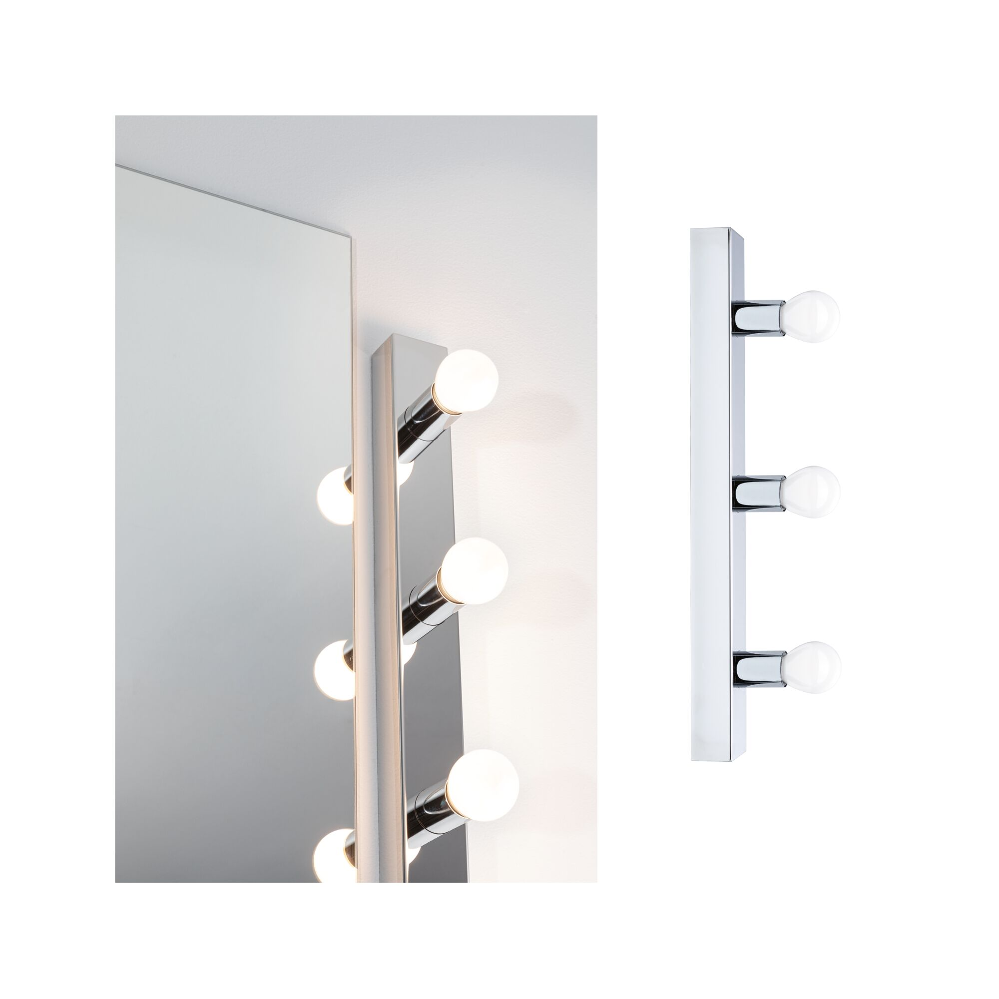 Lustro z wbudowanymi światłami. Po prawej stronie lampa z trzema żarówkami. Scena jest jasna i prosta.