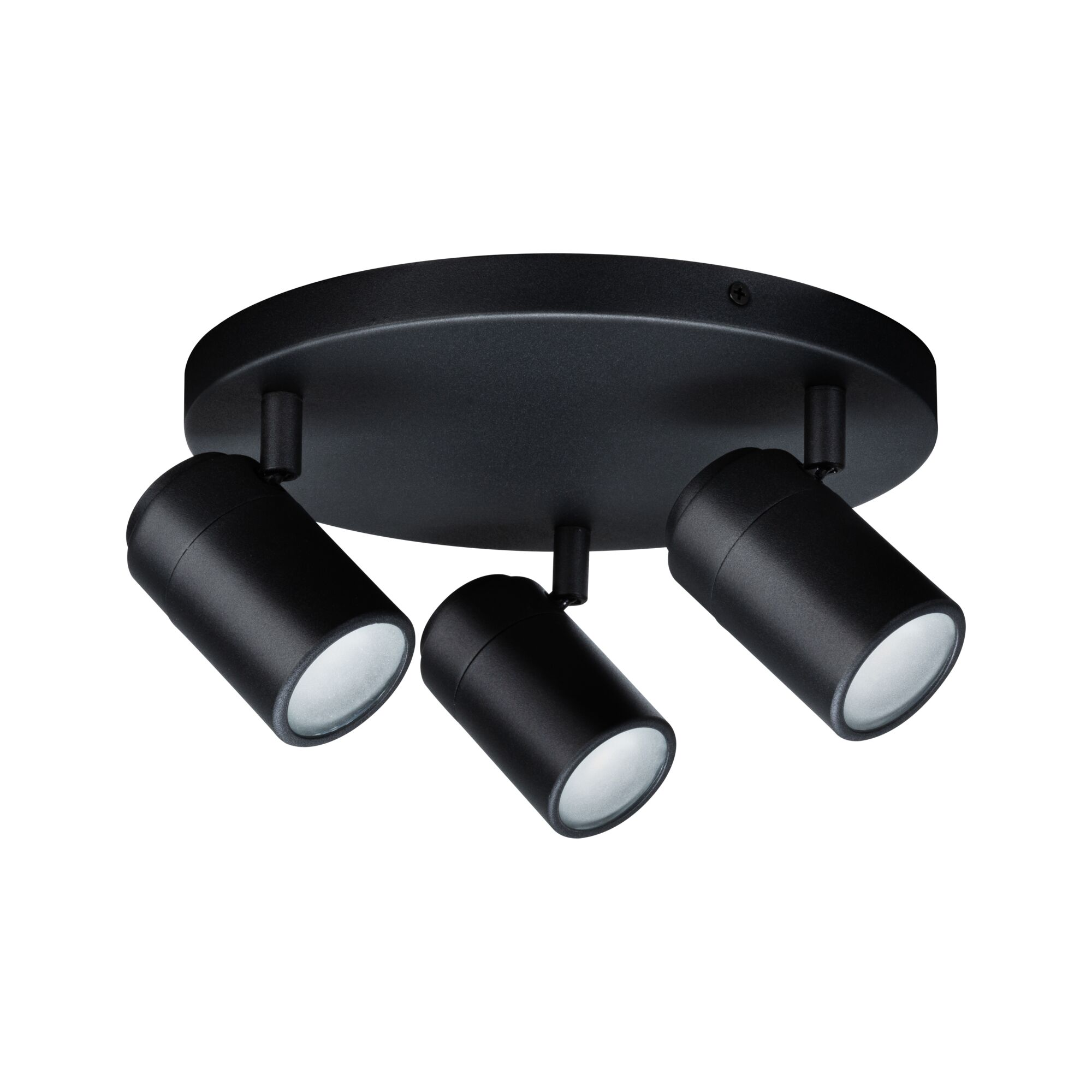 Czarny reflektor sufitowy z trzema regulowanymi światłami. Białe tło. Każde światło ma białe wnętrze.