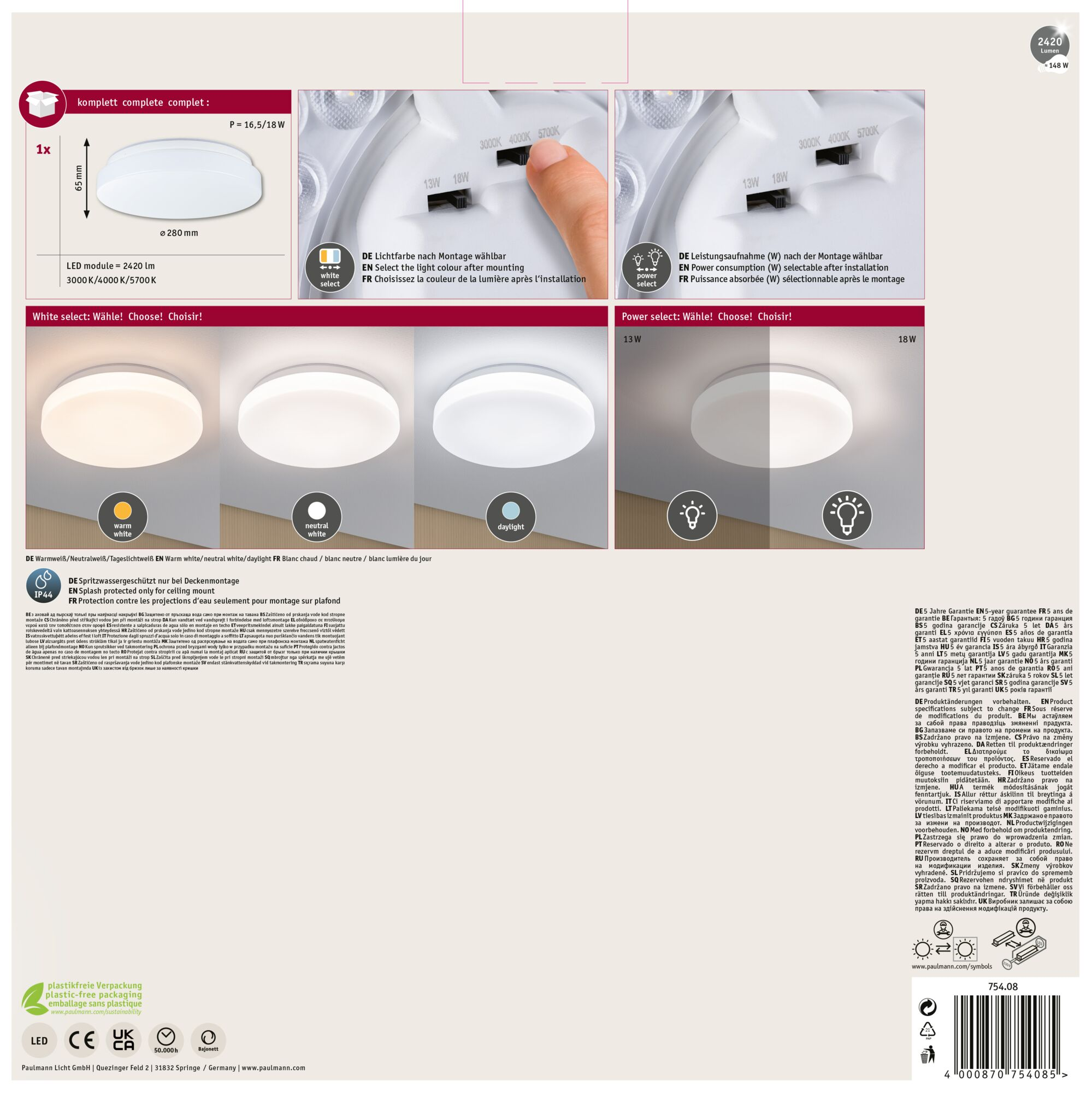 Biała lampa sufitowa, z regulowanymi ustawieniami koloru i mocy oraz różnymi elementami tekstowymi.