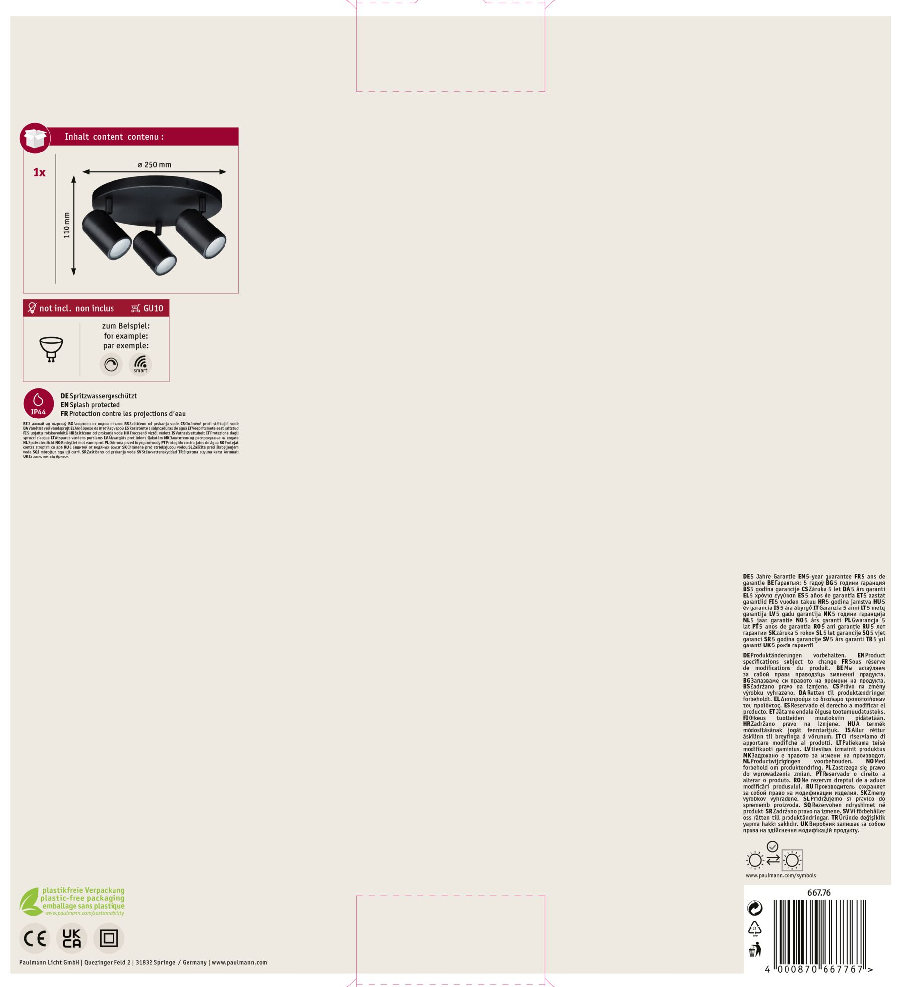 Czarna lampa sufitowa z trzema regulowanymi reflektorami, opakowanie ze szczegółami i informacjami.