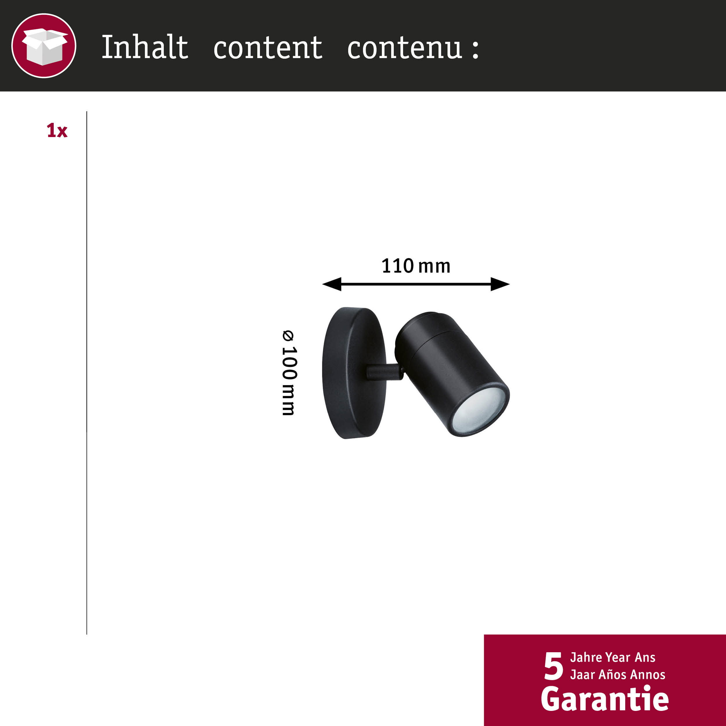 Czarny reflektor ścienny z okrągłą podstawą. Wymiary wyświetlane ze wskaźnikami pomiaru.