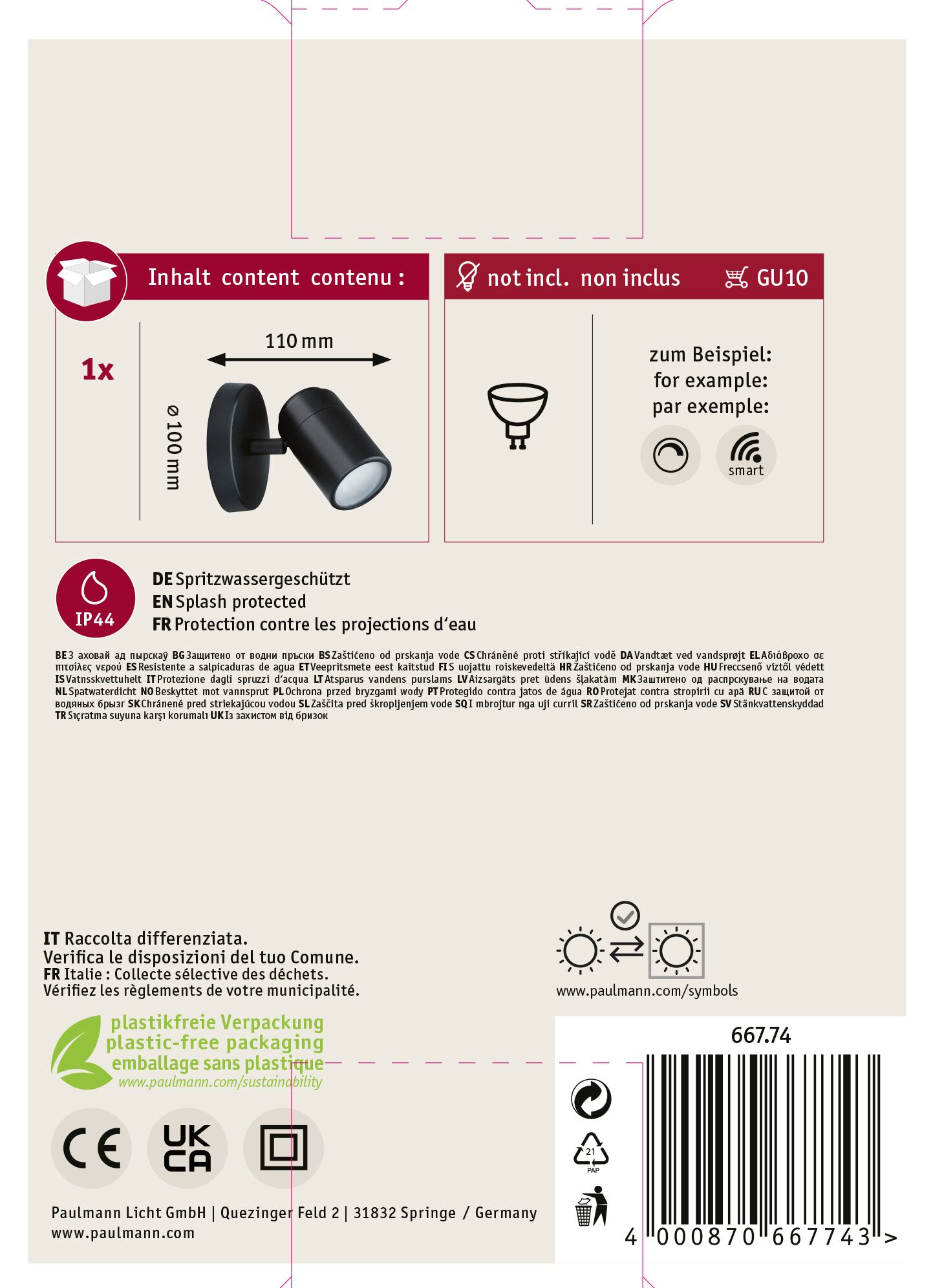 Opakowanie produktu z czarnym reflektorem, szczegółami technicznymi i tłumaczeniami o ochronie przed wodą.
