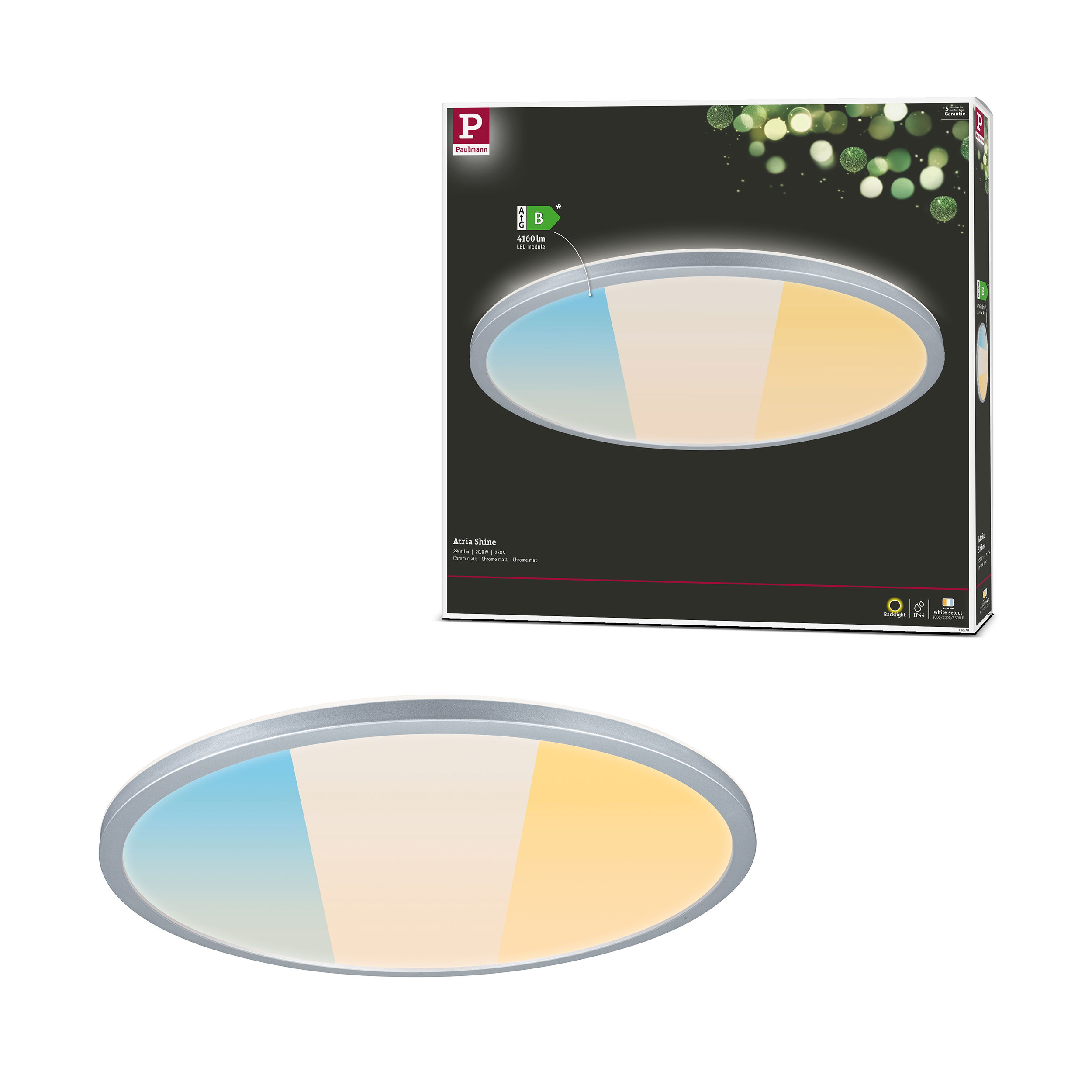 Okrągła lampa sufitowa z gradientem kolorów na pudełku, z logo i szczegółami produktu. Pudełko ma rozmyte tło.