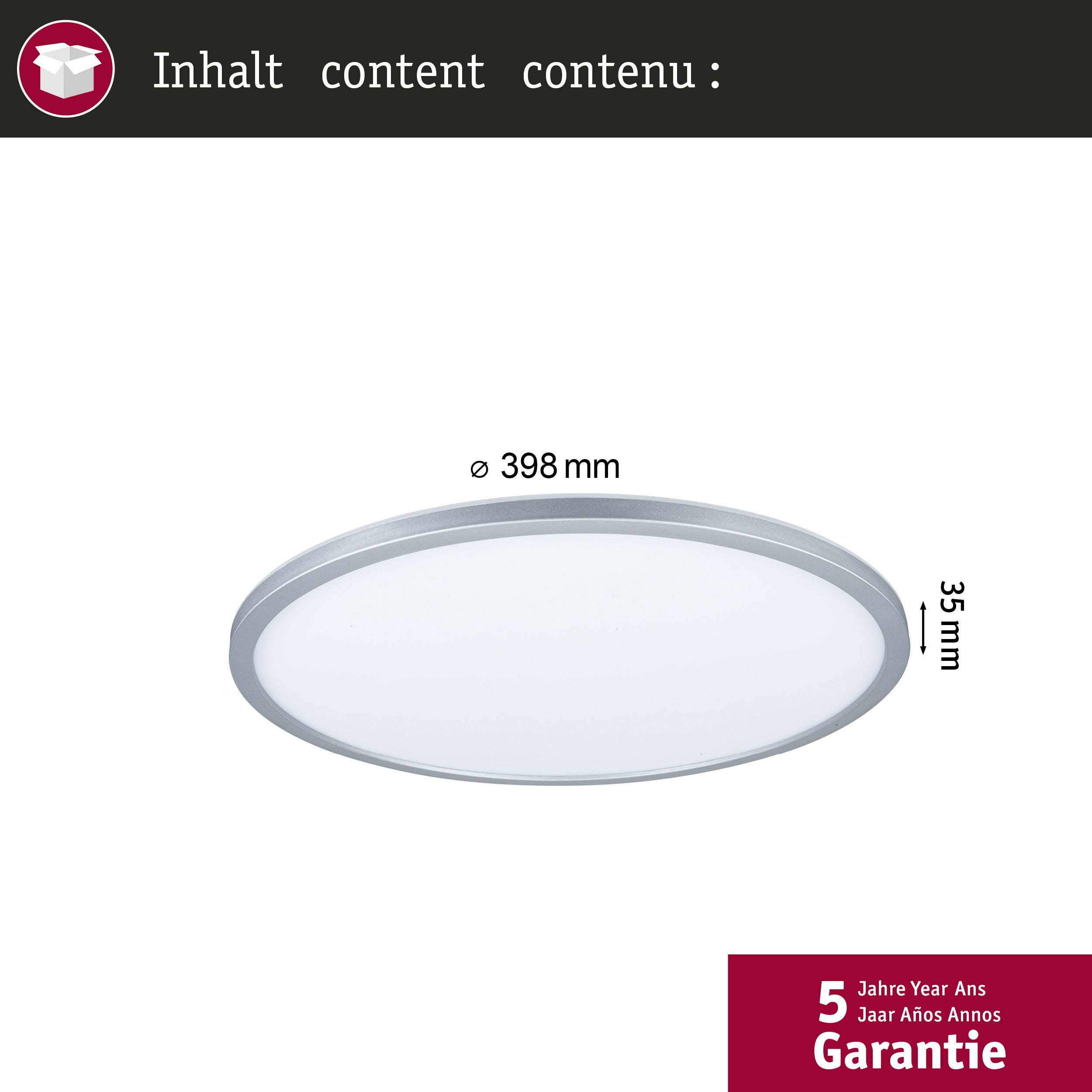 Okrągła lampa sufitowa LED ze srebrną obwódką. Wymiary: średnica 398 mm, wysokość 35 mm. Logo gwarancji w prawym dolnym rogu.