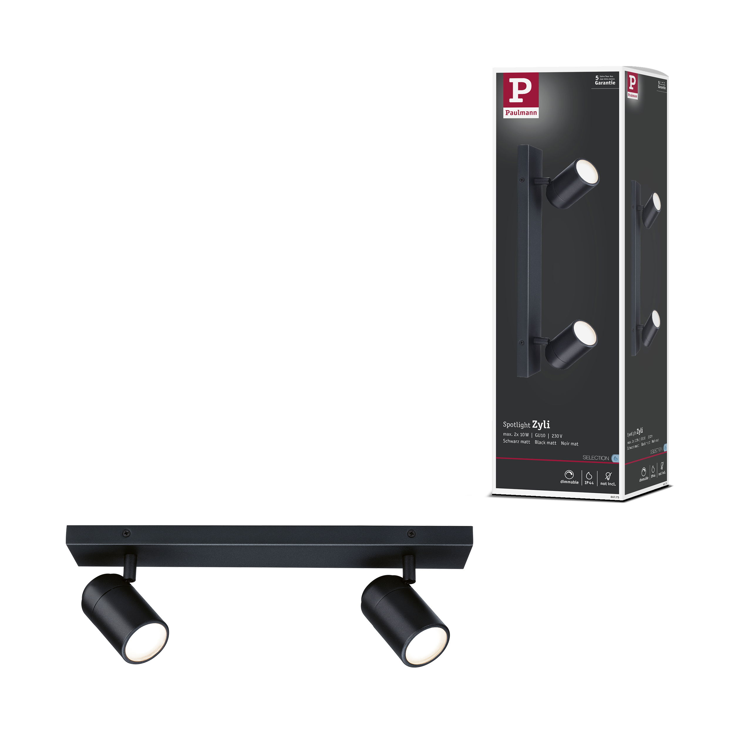 Zdjęcie przedstawia czarny reflektor i jego opakowanie. Oprawa ma dwa regulowane światła. Na pudełku napis 'Paulmann'.