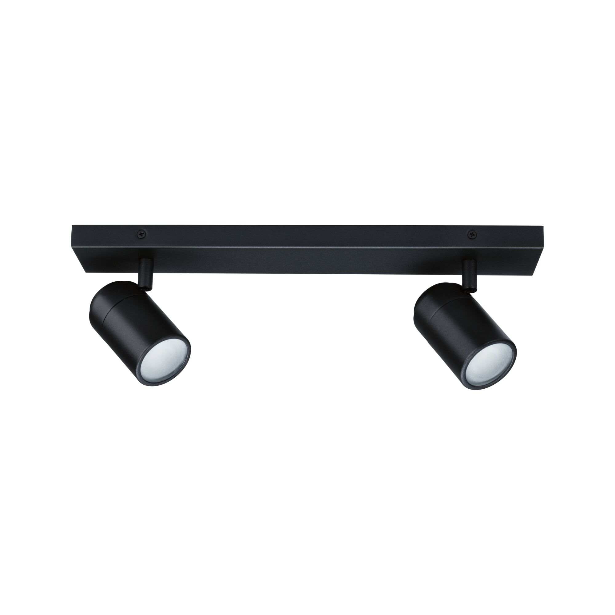 Czarny reflektor z dwoma regulowanymi światłami. Jest zamontowany na białym tle.