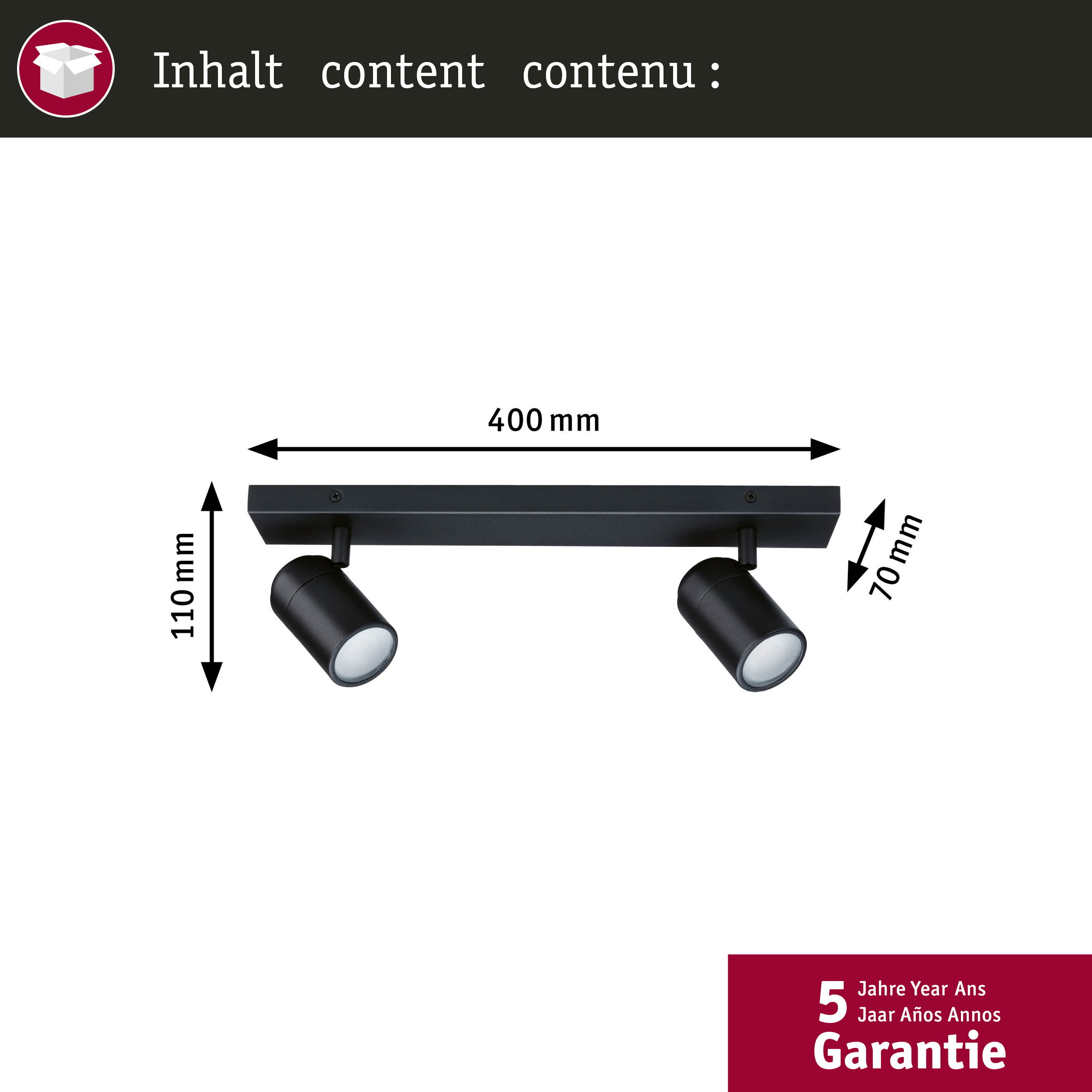 Czarny reflektor z dwoma regulowanymi światłami. Wymiary są podane, a także 5-letnia gwarancja.