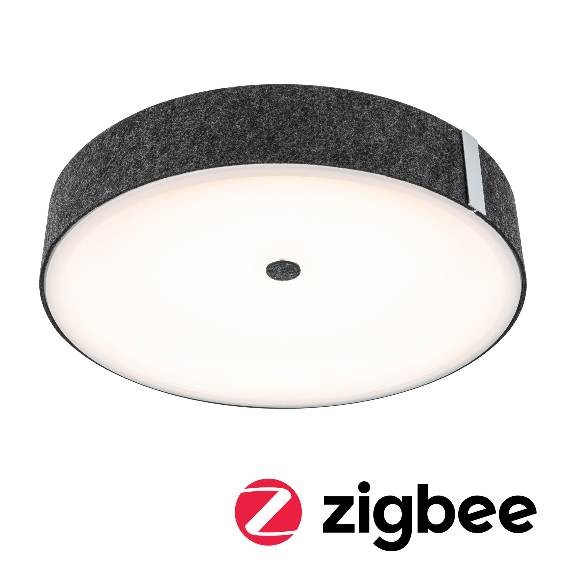 Okrągła lampa sufitowa z szarym materiałowym kloszem i białym podświetlanym środkiem, z logo zigbee.